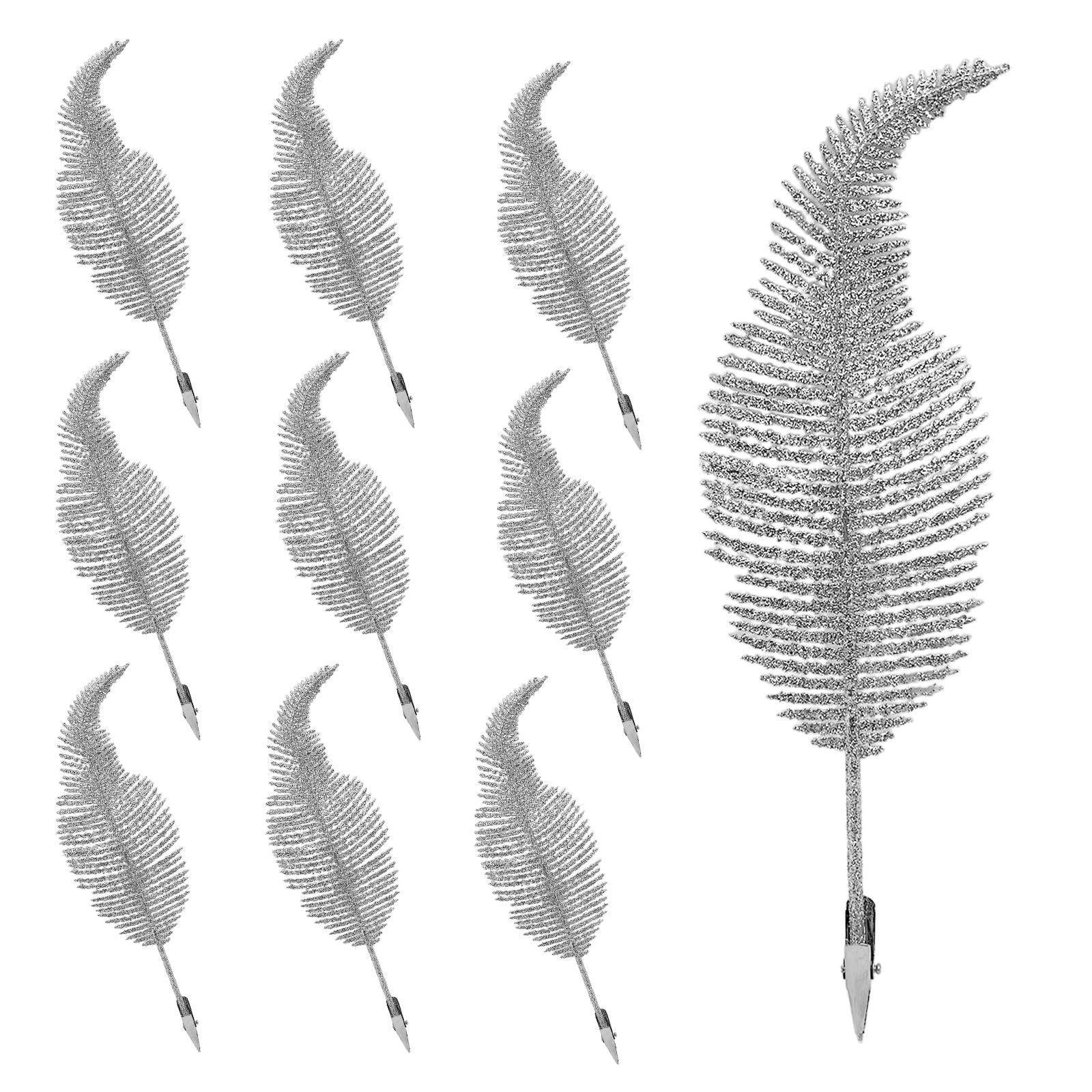 Yauoipi Silver 10Pcs Christmas Tree Decoration Clip On Feather, Christmas Glitter Feathers, Feather Glittery Baubles Ornament, Tree Baubles, Glittery Ornaments, Xmas Decor (Silver)