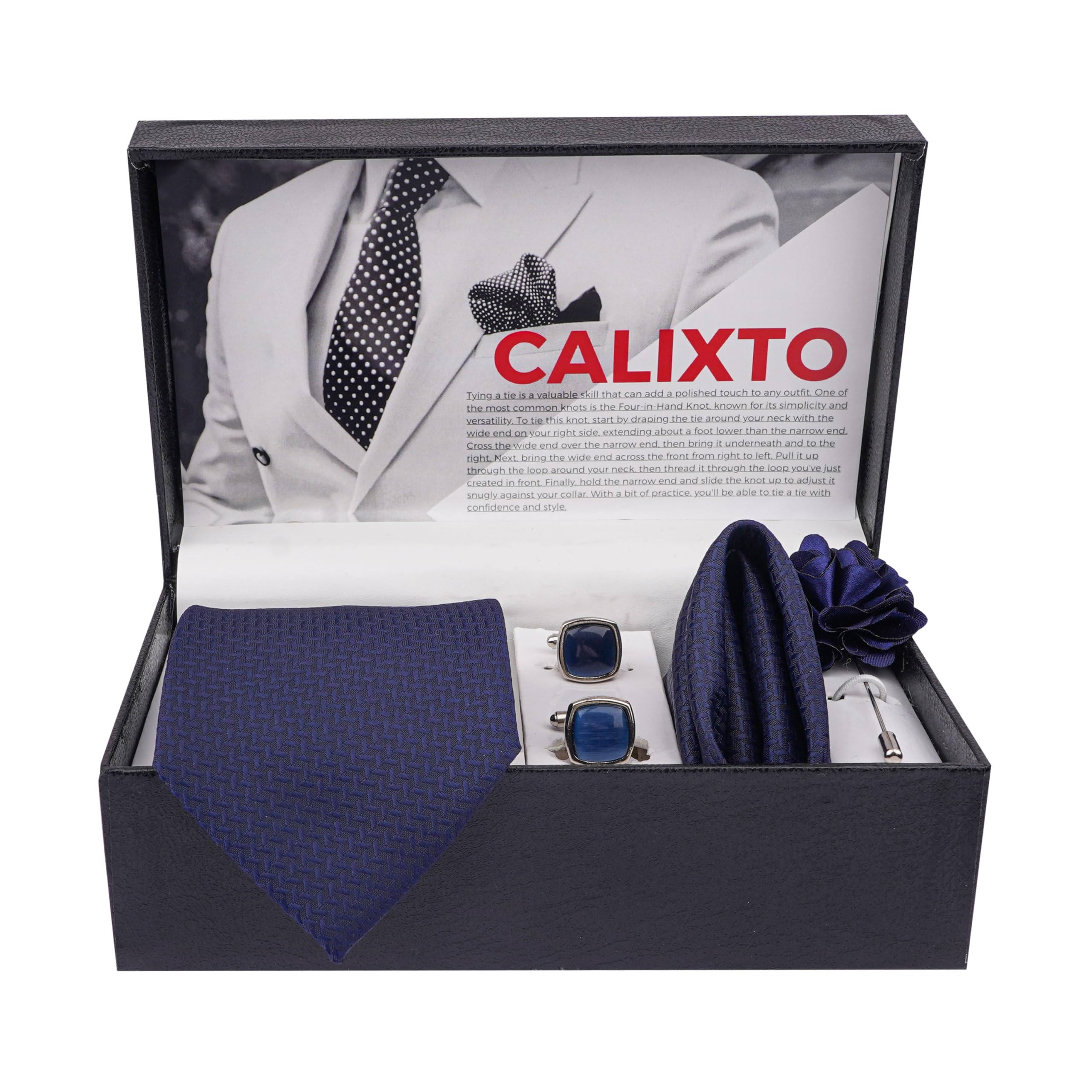Calixto Mens Microfiber Navy Blue criss cross pattern Necktie With Pocket Square Cufflinks & Brooch Pin Formal Tie With Leatherite Box (Pack of 4) - Image 2 thumbnail