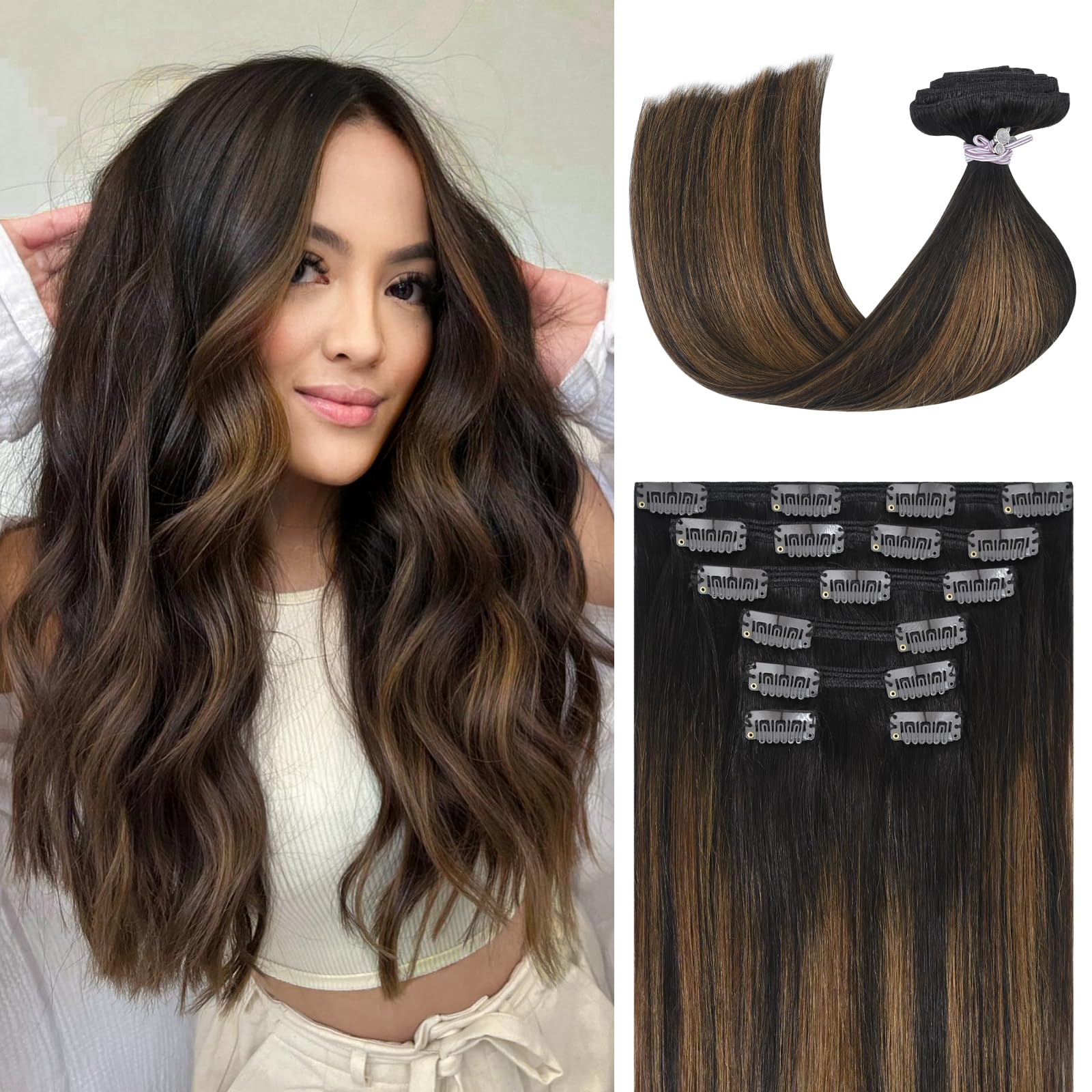Ukira Balayage Clip in Hair Extensions Real Human hair, 14 Inch 120g 7pcs 2/6/2 Dark Brown to Chestnut Brown Human Hair Extensions, Silky Straight