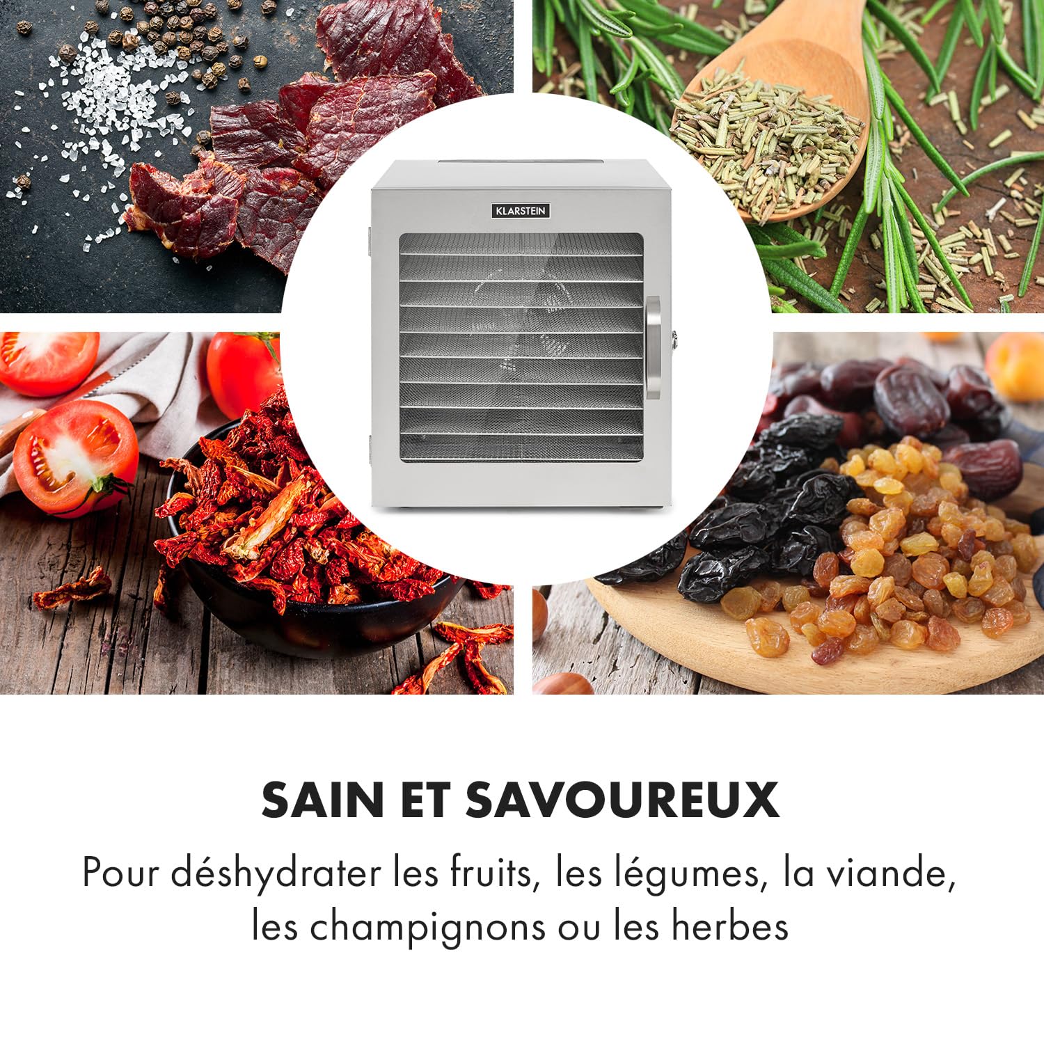 KLARSTEIN Captain Jerky 110, Déshydrateur,1000 W,30-90 °C, minuterie 24 h, sans BPA, commande tactile, 10 plateaux, porte en verre, déshydrateur en inox pour fruits, légumes, bac collecteur - argent