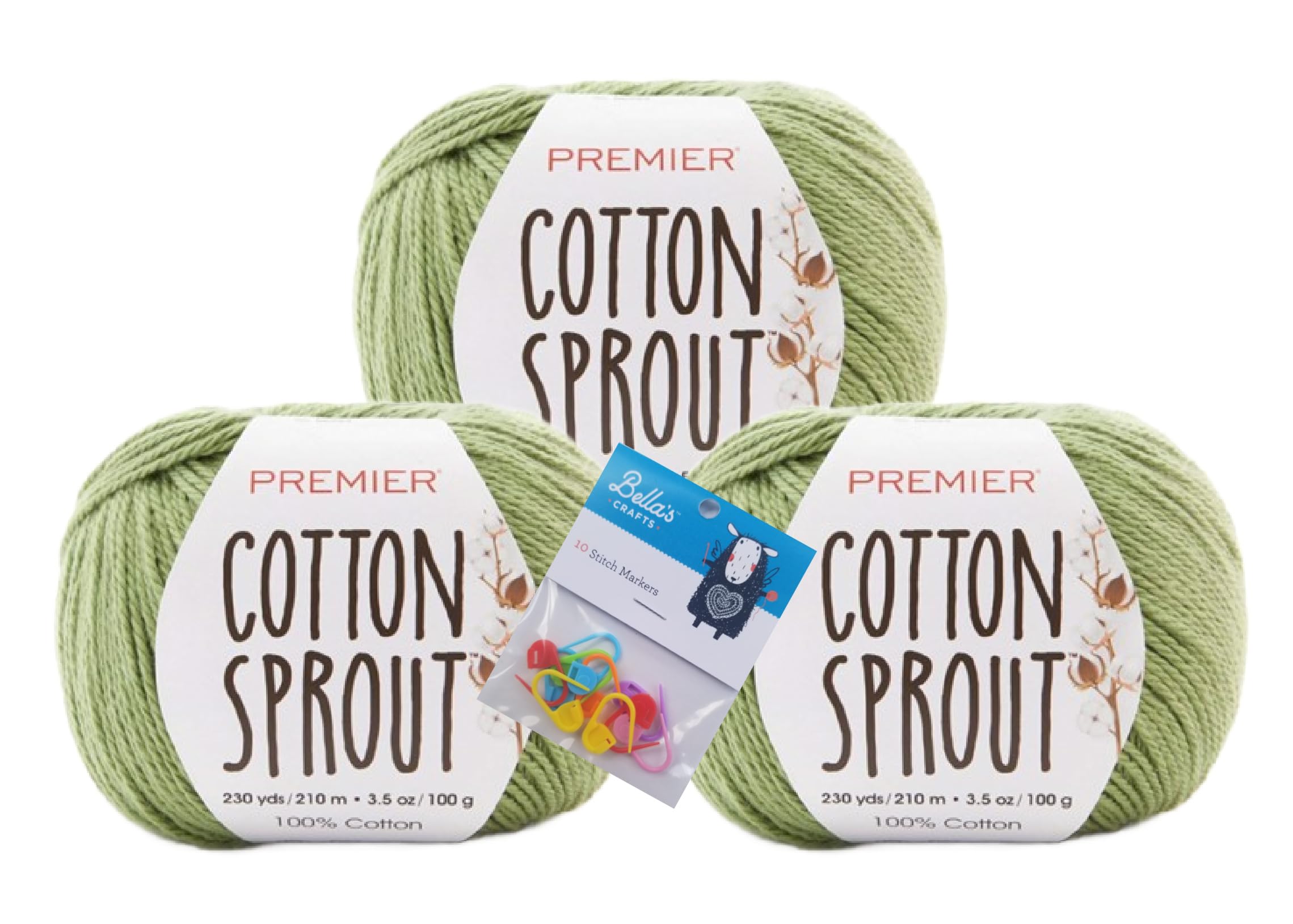 Premier Yarns Cotton Sprout DK, 100% Cotton Yarn, 3-Pack Bundle with Bella's Crafts Stitch Markers (1149-09 Leaf)