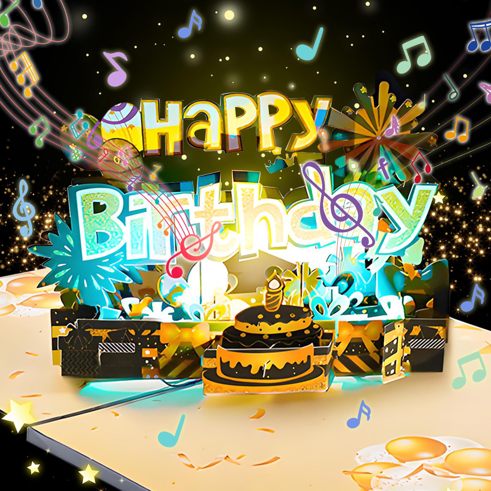 Joycabin Musikalische Geburtstagskarte mit Licht, Geburtstagskuchen 3D Pop-Up Happy Birthday Singende Karte Geburtstag mit Umschlag für Jungen, Mädchen