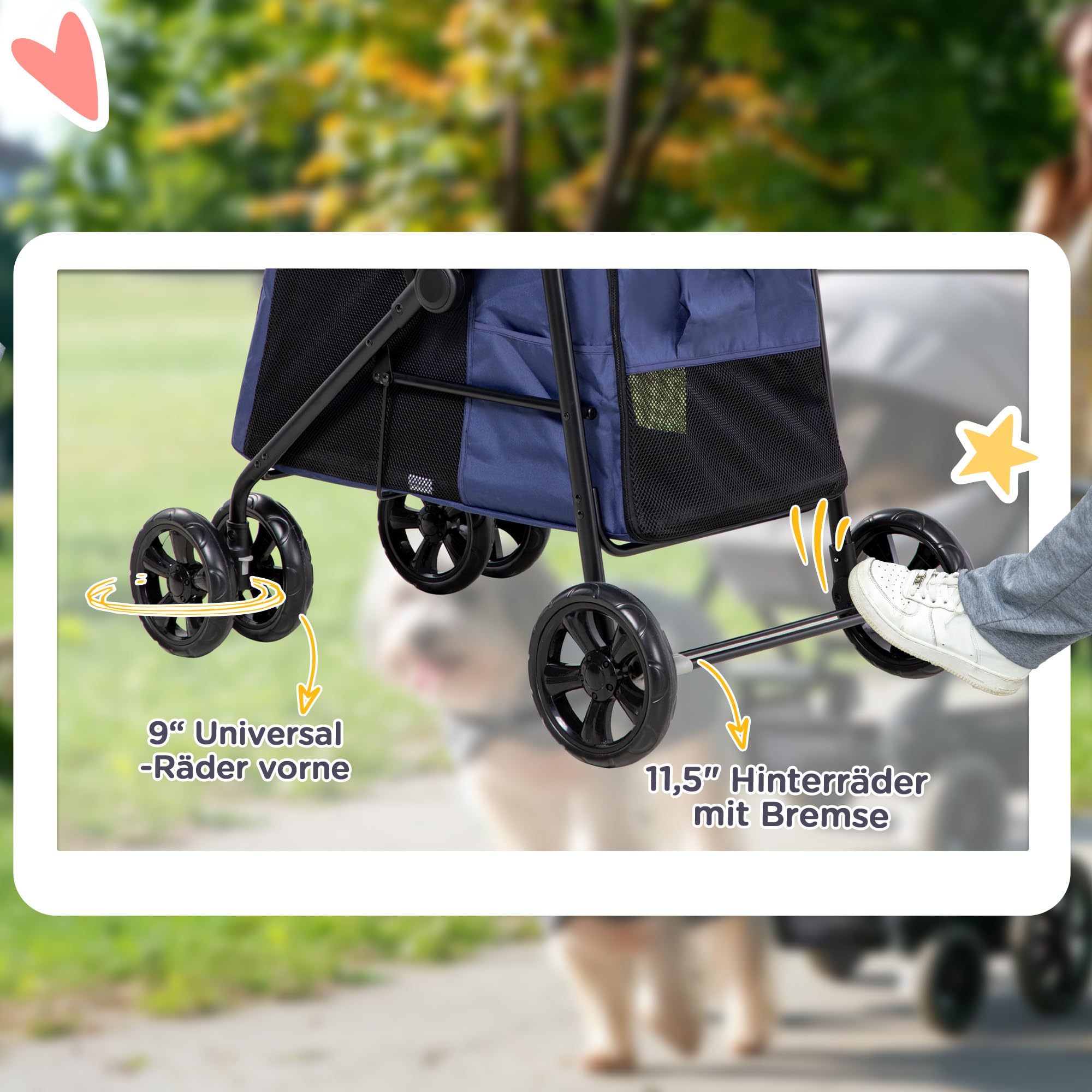 PawHut poussette pour chien, buggy pliable pour chien, trolley pour chien avec coussin, buggy pour chat jusqu'à 20 kg, poussette pour chat pour chiens de petite et moyenne taille avec poches