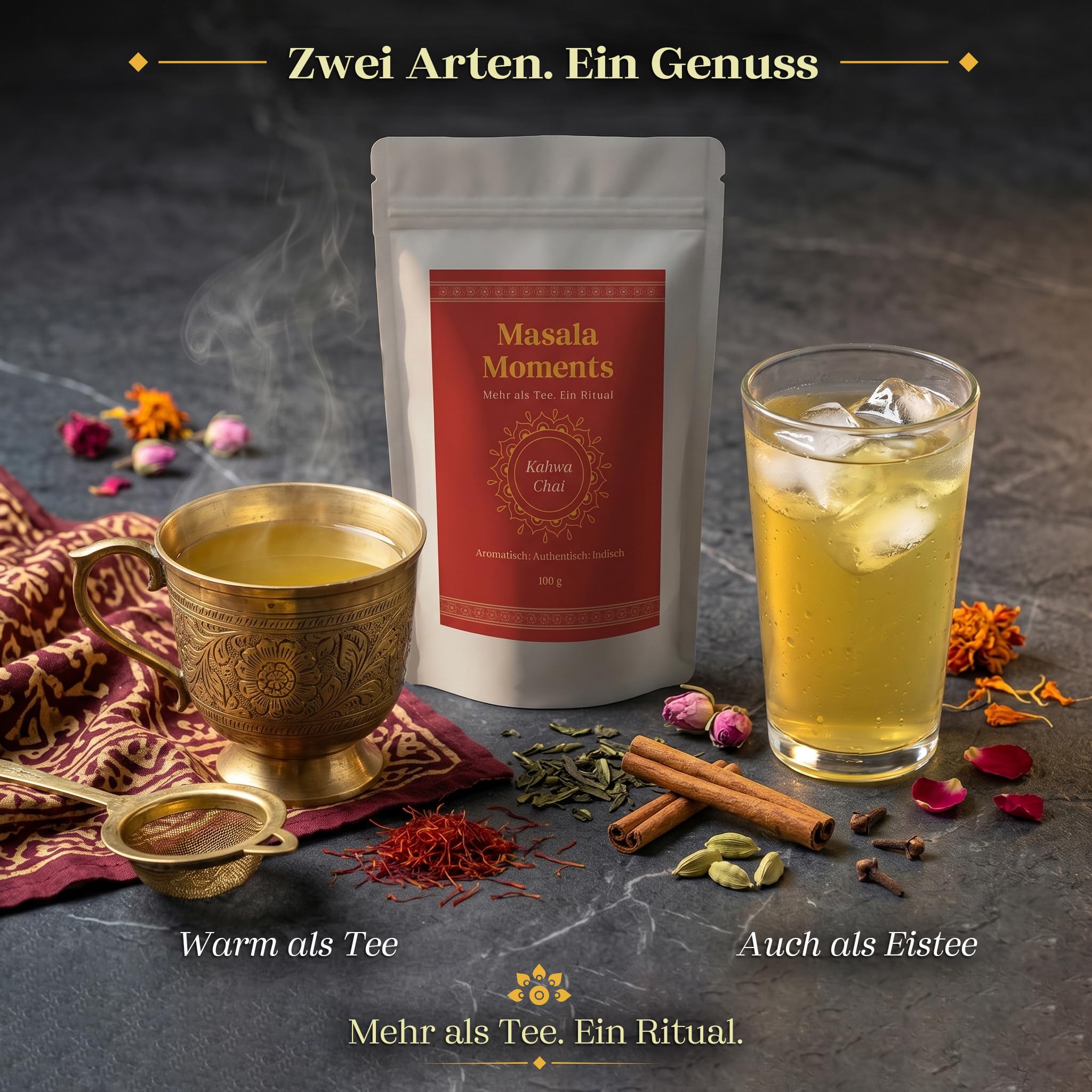 MASALA MOMENTS Kahwa Chai (100 g) – Kashmir Grüntee mit Safran & Rosenknospen | Leicht & aromatisch | Ohne künstliche Aromen | Traditioneller Gewürztee | Bis zu 35 Tassen