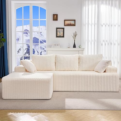 Miniatura 1 de Sofá modular en forma de L, de 3 asientos, espuma viscoelástica, para sala de estar, sofá estilo nube con diván, de gran tamaño, blanco, rayas,