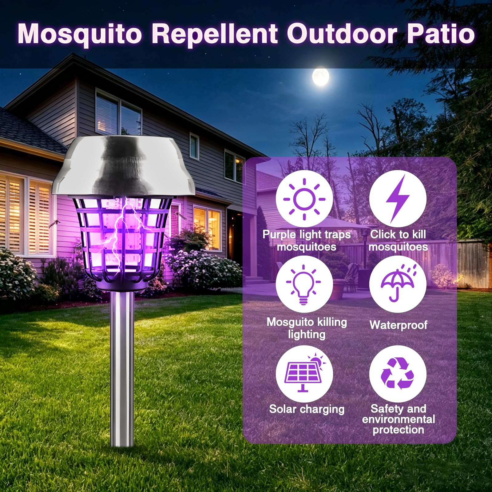 4pcs Anti Zanzara Solare, Lampada Anti Zanzara Elettrica con Illuminazione LED Lampada UV Contro Zanzare Mosche IP65,per la casa, giardino, cortile, campeggio (4 pezzi)
