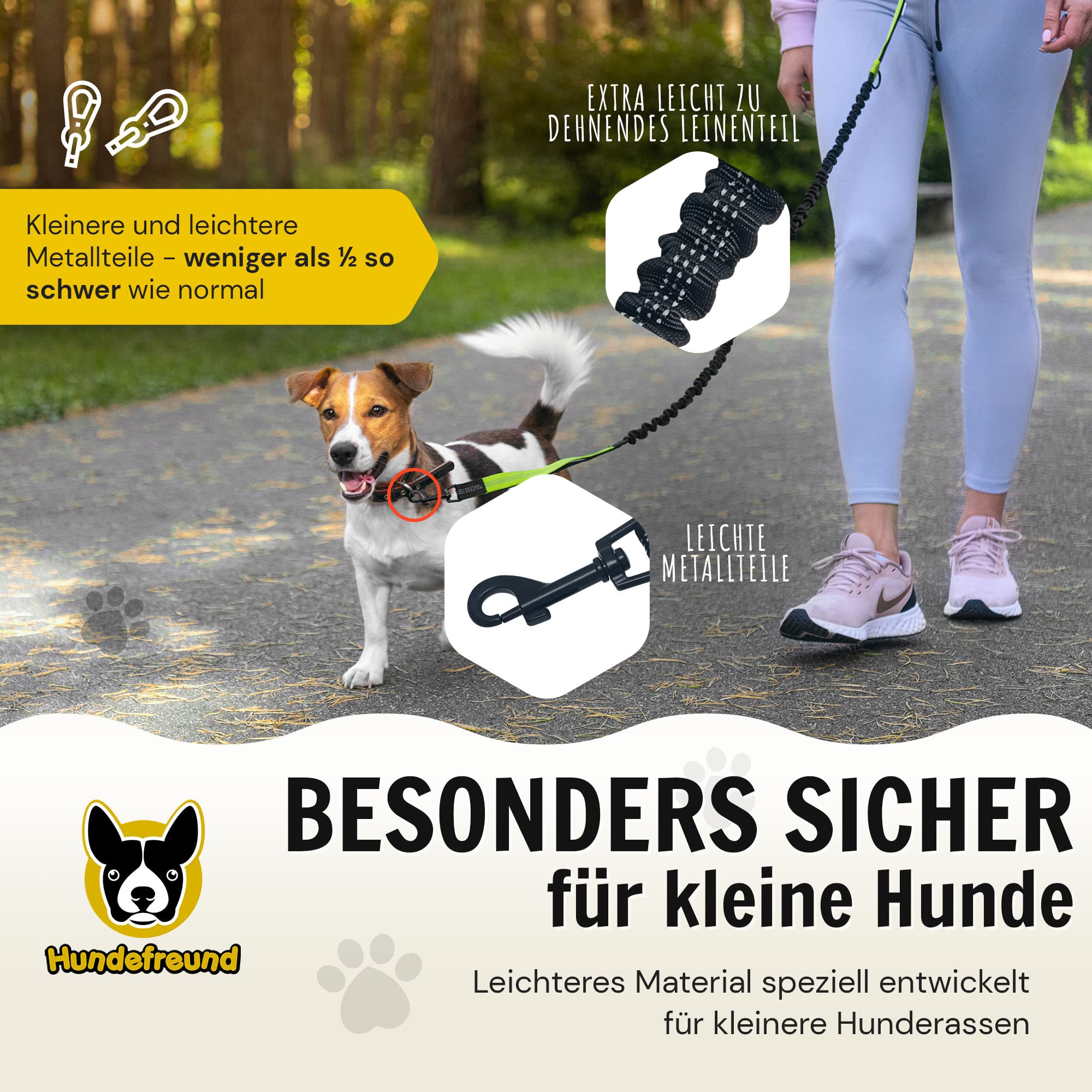 Hundefreund Joggingleine für kleine Hunde bis 15 kg – Laufleine mit Bauchgurt & Tasche – leichte reflektierende Hundeleine, dehnbar 110–160 cm – Freihandleine zum Joggen & Wandern