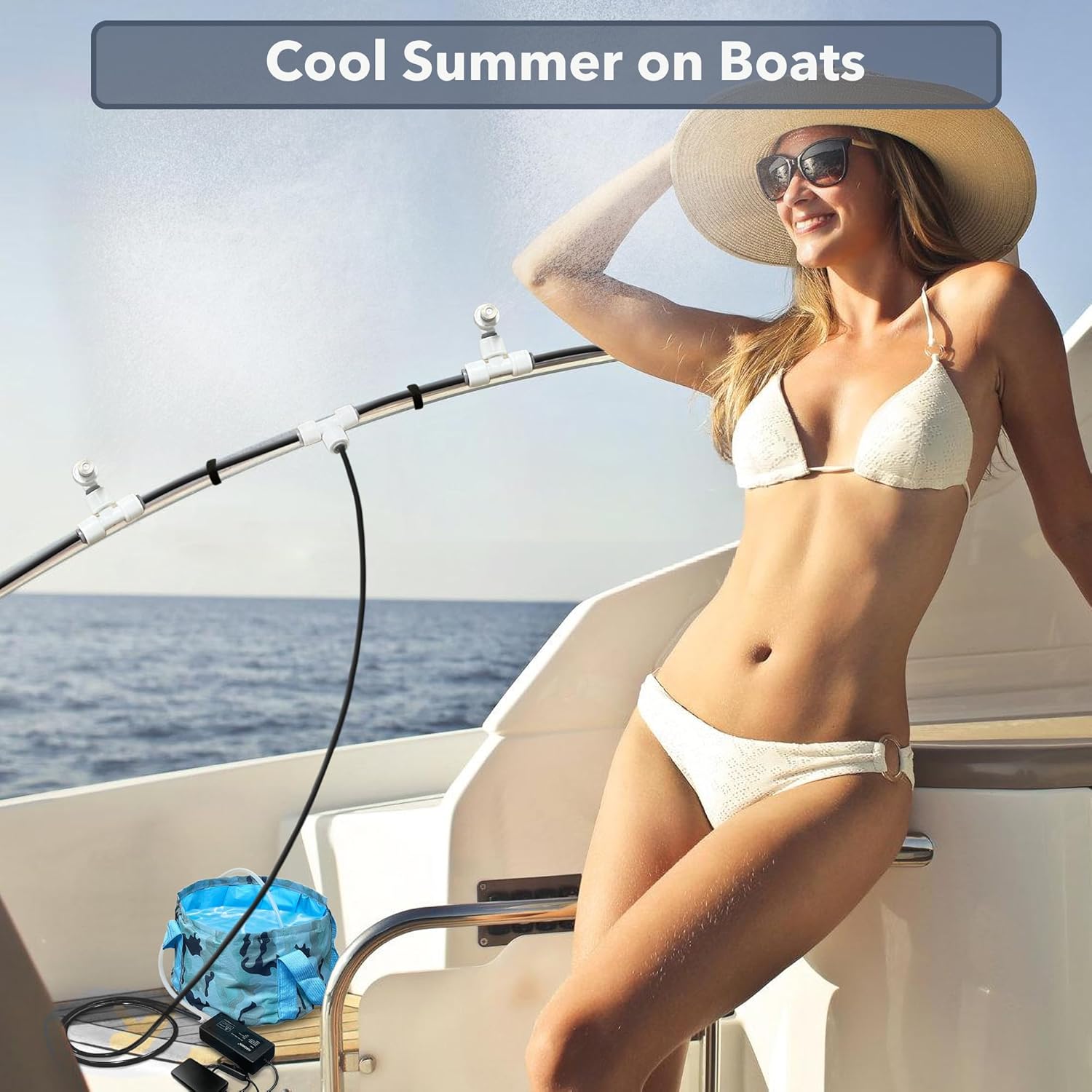 HAOWIN Portable Misting System with Rechargeable Water Pump, Foldable Bucket & Triangle Bag, DIY Mobile Misters for Outside Patio, Tent, Canopy, Golf Cart, Boat, Bike, Motorcycle, Camping, Hiking