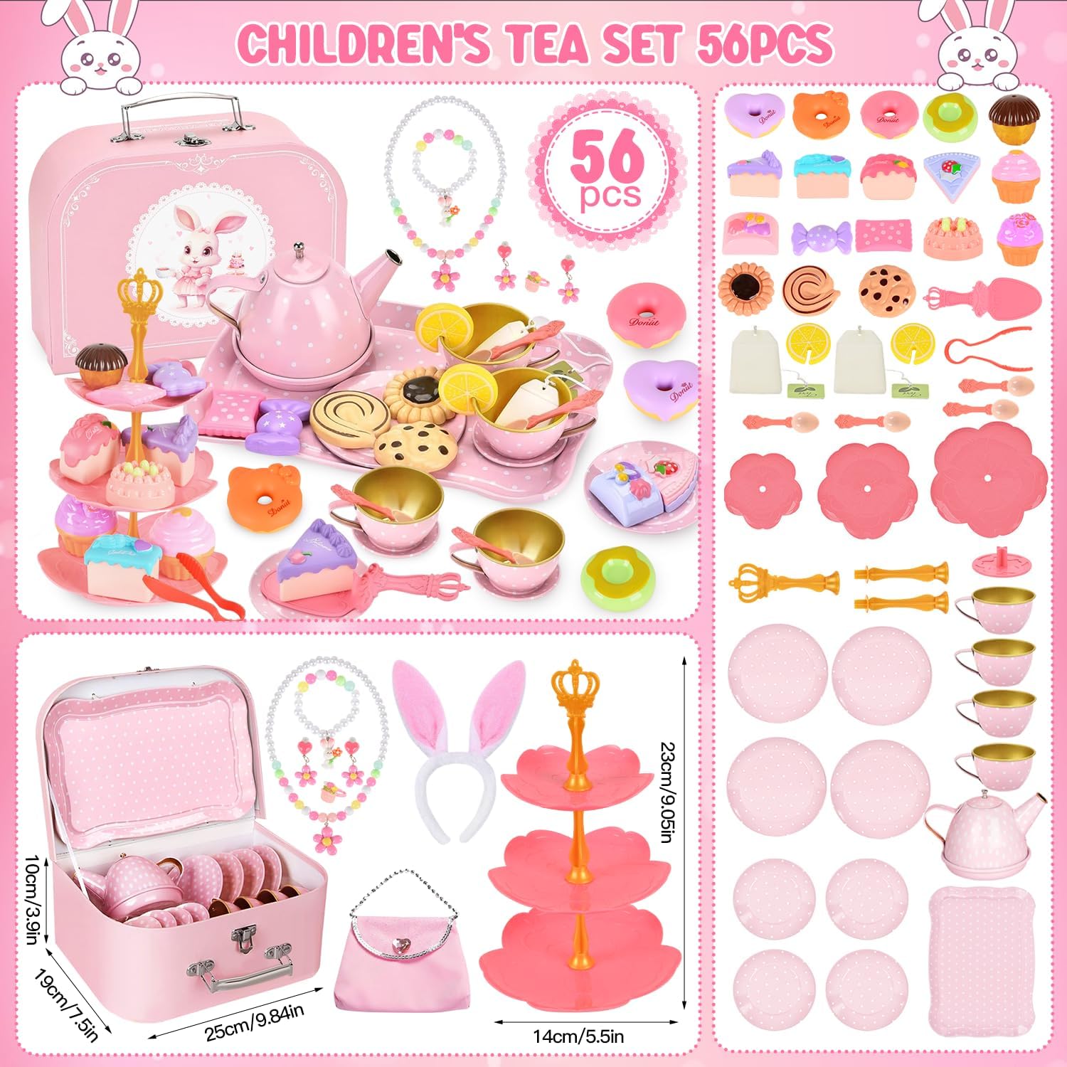 Tea Party Set for Little Girls 3-8, Tea Time Toys Including Tea Set Dessert Carrying Case, Princess Jewelry, Kitchen Pretend Play Toys Tea Set for Girls Birthday (Pink)