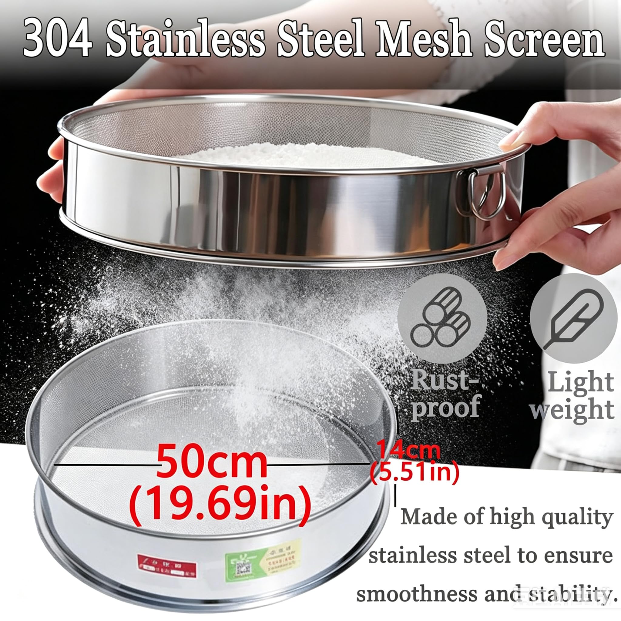 Tamizadora eléctrica de 500 mm de Grado alimentario, tamiz vibratorio automático de 70 W para harina, Herramienta de Cocina con Malla múltiple de Acero Inoxidable 304 para repostería. 150mesh