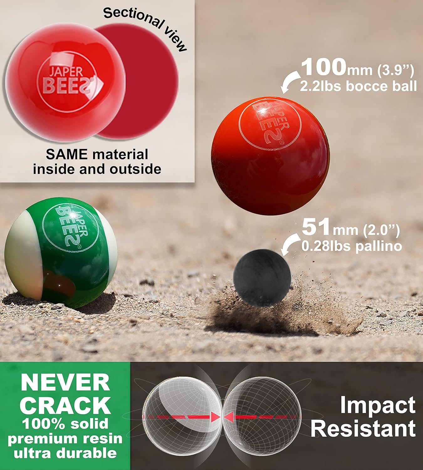 JAPER BEES 100mm Bocce Ball Set Regulation Size and Weight Solid Resin Outdoor Lawn Games for Family with 8 Balls 1 Pallino Measuring Rope Canvas Carrying Case : Sports & Outdoors