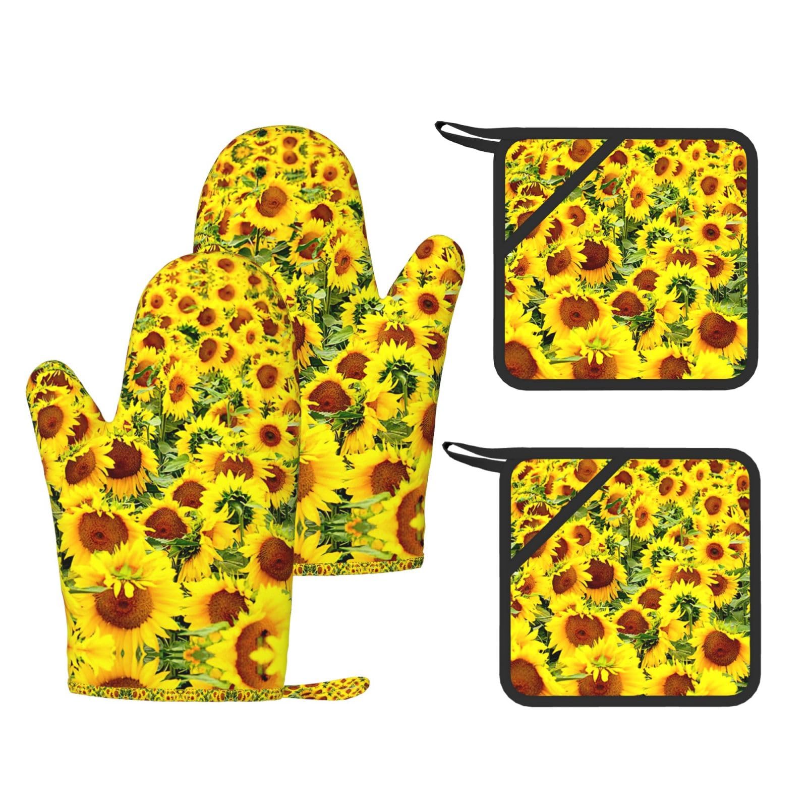Sunflowers Printed Pot Holders and Oven Mitts 4-Piece, Non-Slip Kitchen Gloves with Utensil Pocket for BBQ
