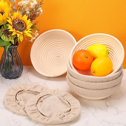 Vista 5 de Patelai 10 Pieces Banneton Bread Proofing Basket Round Sourdough Proofing Basket Banneton Basket Dough Bowl with Liners and Scrapers for Home Making