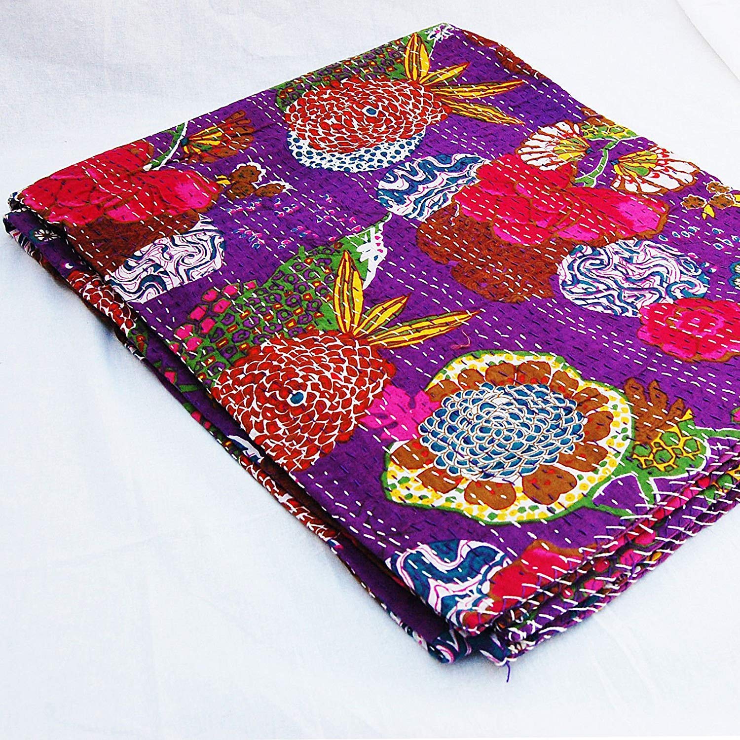 Jaipuri Quilt Handmade Bed Cover Cotton Kantha Blanket Throw Home Decor Bedspread Bedsheet, Twin Size, Multicolour (90 X 108 Inches (Queen Size), Purple)-image-27