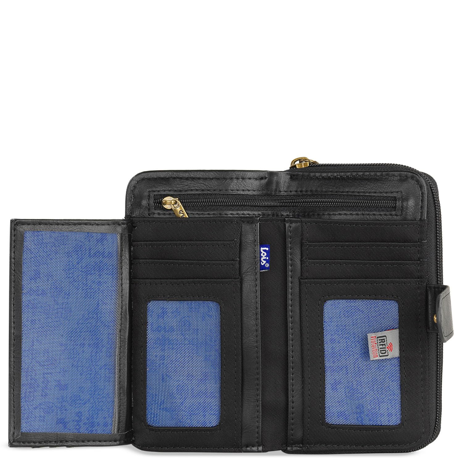 Lois - Cartera de Mujer Grande con Cierre Central de Cremallera, Monedero Tarjetero, Piel Eco, Cuero PU y Lona Bordada, Negro, 16 x 9 x 2 cm