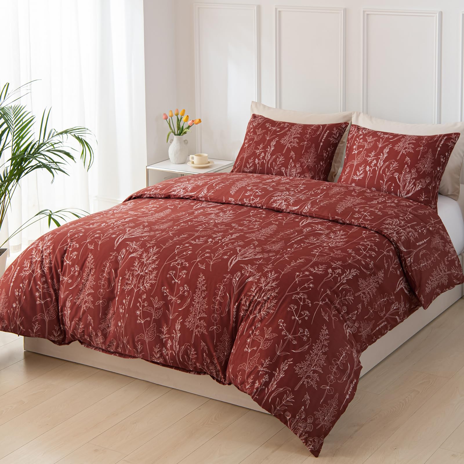 Tokokimo Bed Linen 200 x 200 cm 3-Piece - Bedding Sets with 2 Pillowcases with Zip 80 x 80 cm - Hand-Painted Floral Pattern Microfibre Duvet Cover with Zip, Deep Red — image 1