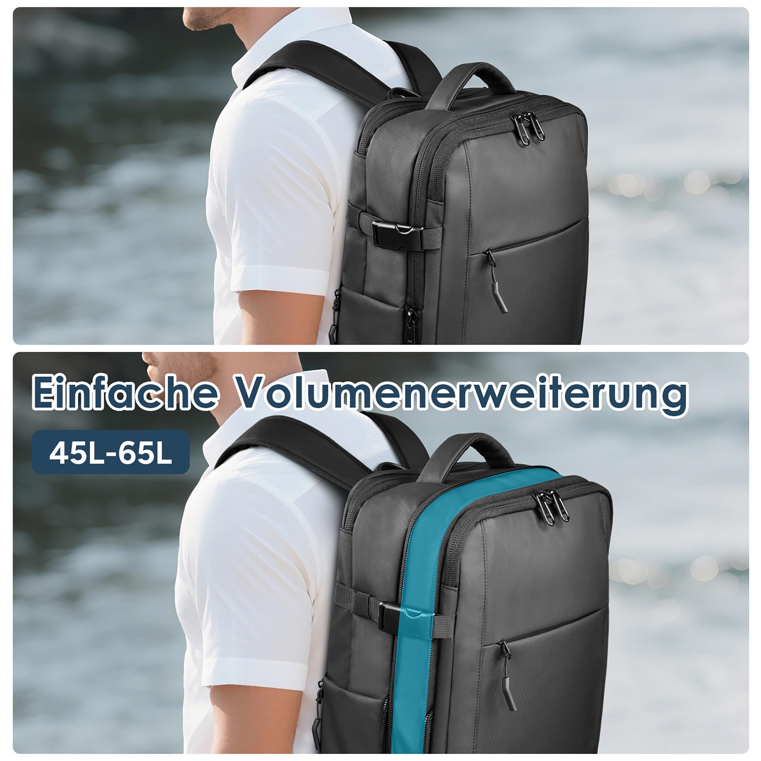 travel inspira Reiserucksack Handgepäck Flugzeug Vakuum Rucksack mit Pumpe | Erweiterbar von 45L auf 65L mit 17.3" Laptopfach TSA-Schloss 50% Platzsparend Vakuumbeutel Abnehmbar LED-Licht und SOS-Signal