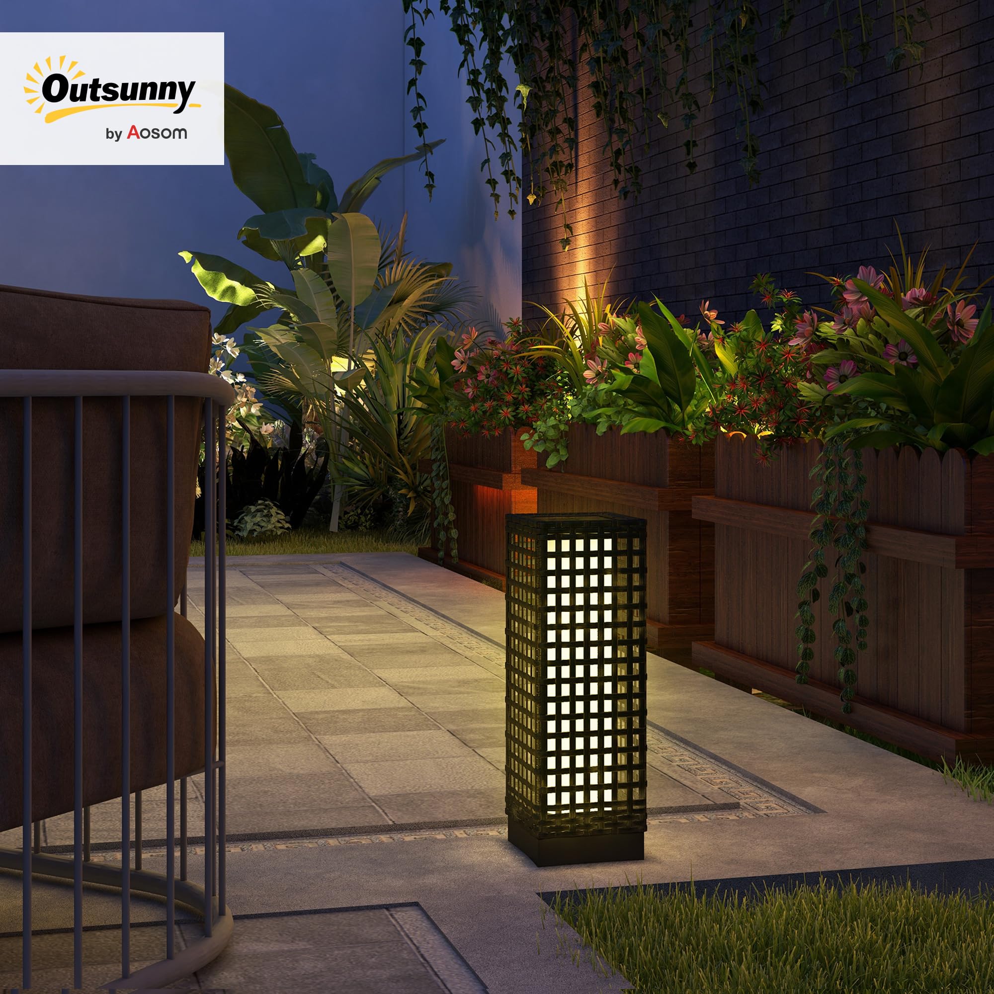 Outsunny solarne rattanowe z czujnikiem światła 15,5x15,5x46cm Czarny | Ładowalna LED, IP44 wodoszczelna, latarka solarna, lampa zewnętrzna, do ogrodu, balkonu, podwórza
