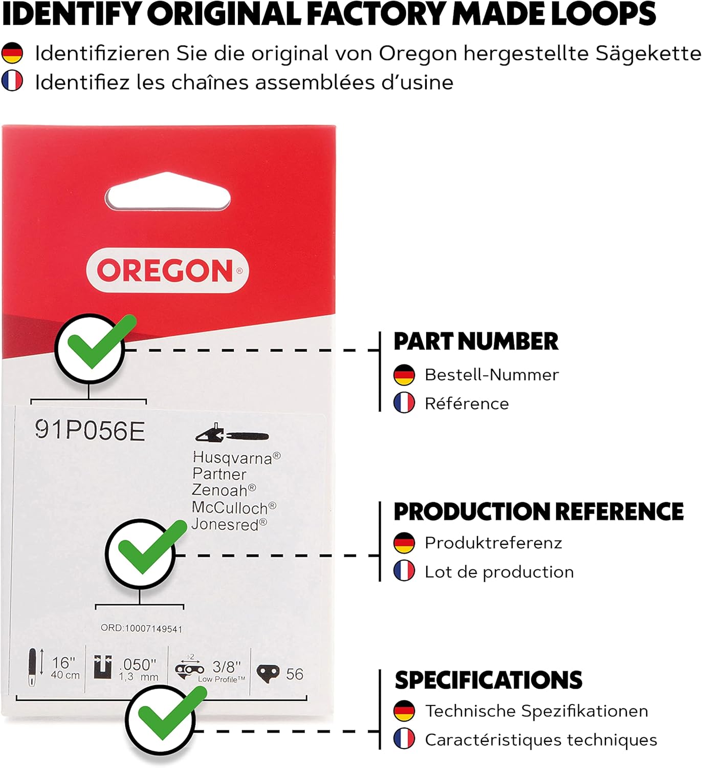 Oregon Chainsaw Chain Packaging with Part Number 91P056E