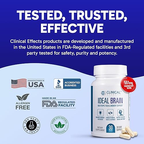 Miniatura 7 de Efectos clínicos: Ideal Brain - Suplemento dietético para el enfoque nootrópico y soporte de memoria, 30 cápsulas - Vitaminas B, GABA, Alpha-GPC -