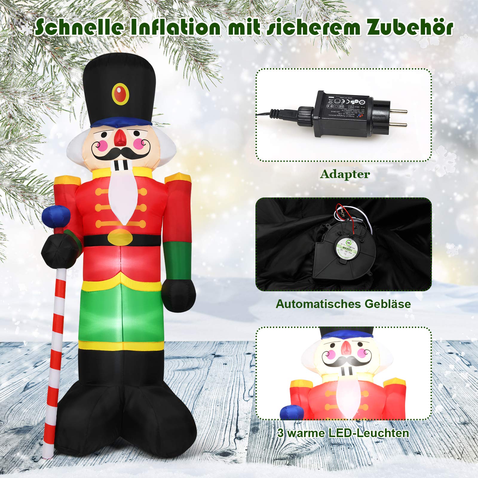 COSTWAY 240CM Aufblasbarer Nussknacker-Soldat, Weihnachtsmann Soldat mit 3 LED-Leuchten, Weihnachtsdekoration für drinnen und draußen, selbstaufblasend