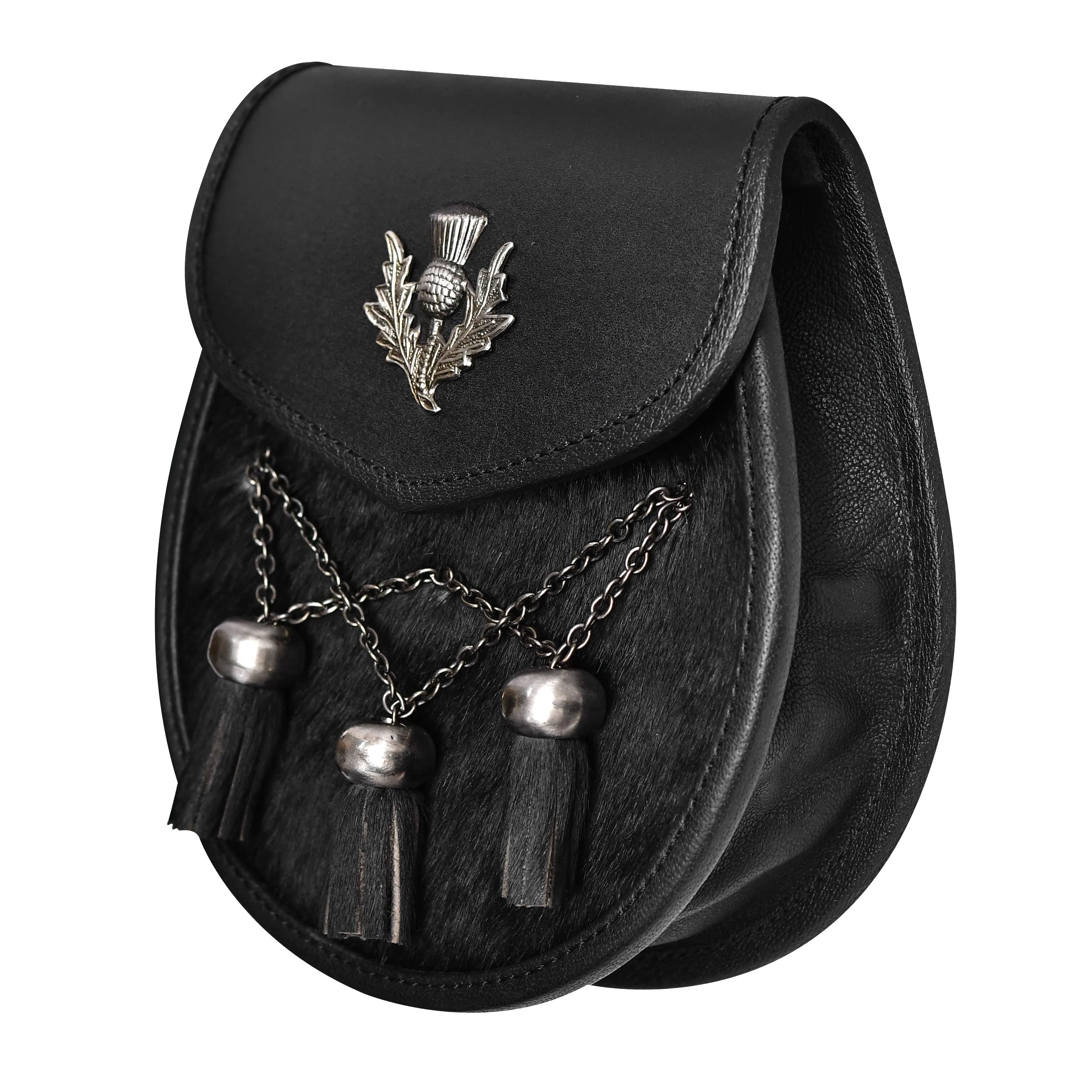Scottish Kilt Semi Dress Sporran in vera pelle con nappe in pelle (badge cardo), Black, Prossoefinito - 2