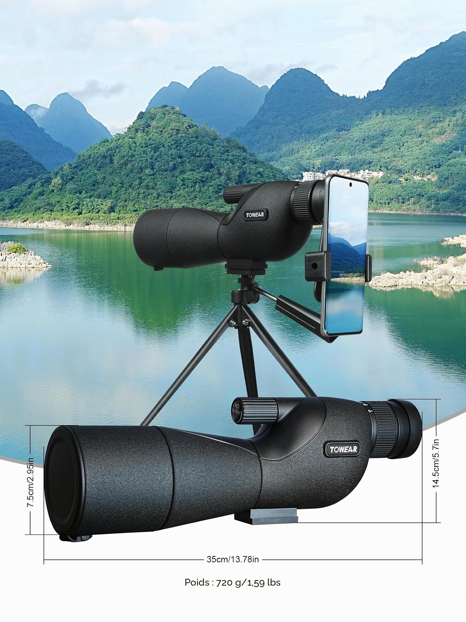 Télescope monoculaire à grossissement élevé HD 25-75 x 60 Multiplicateur variable Low Light Vision nocturne pour tir à la cible, chasse, observation des oiseaux, faune, paysage