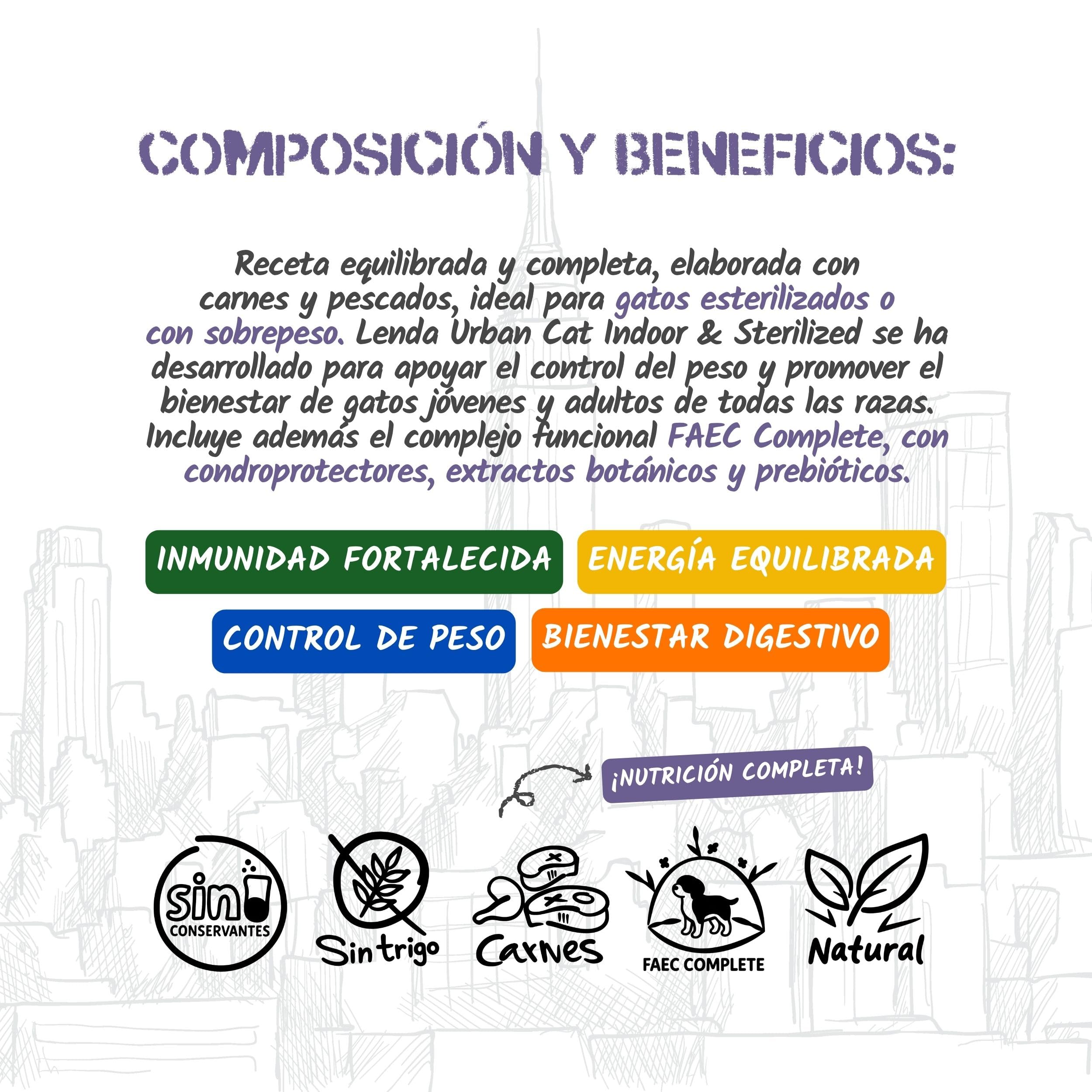Lenda Urban Gato Diet Esterilizado 7 kg - Pienso para Gatos Adultos Sin Grano de Pavo - Comida con Aceite de Salmon y Krill para Cuidado de Pelo y Cardiovascular - con Probioticos y Condroprotectores