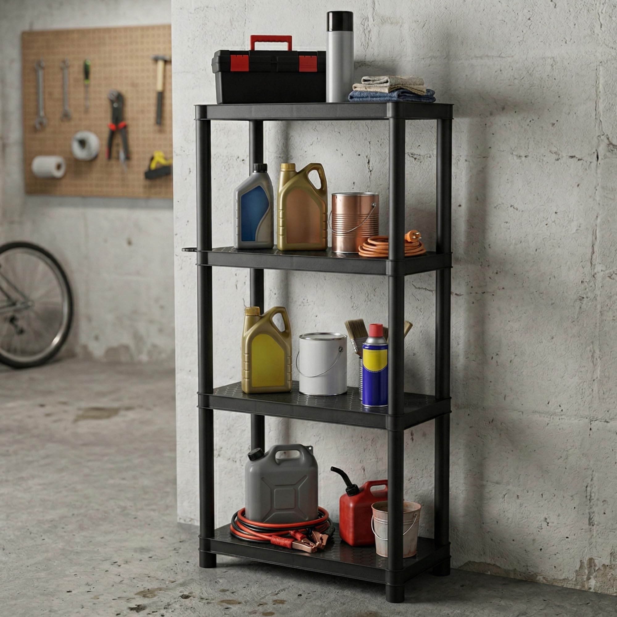 KADAX Estantería de plástico para cargas pesadas, 132 x 58 x 28 cm, estantería de plástico con 4 estantes, para taller, trastero, garaje