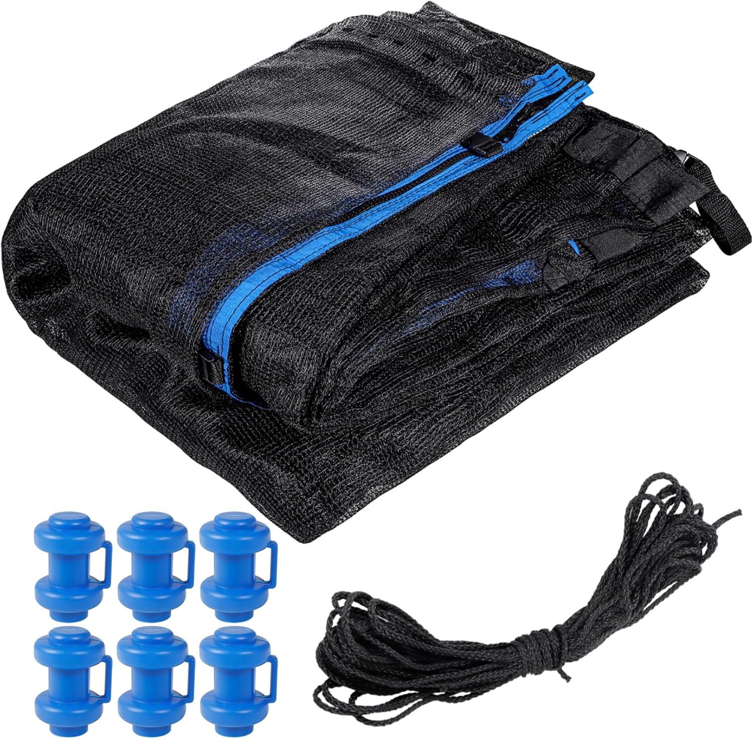 Trampoline Net Replacement with 6 PoleCaps, 12ft 14ft 15 ft Round Frame, Durable and Breathable Trampoline Net with Adjustable Straps, Zippers, Protection Buckles, Black