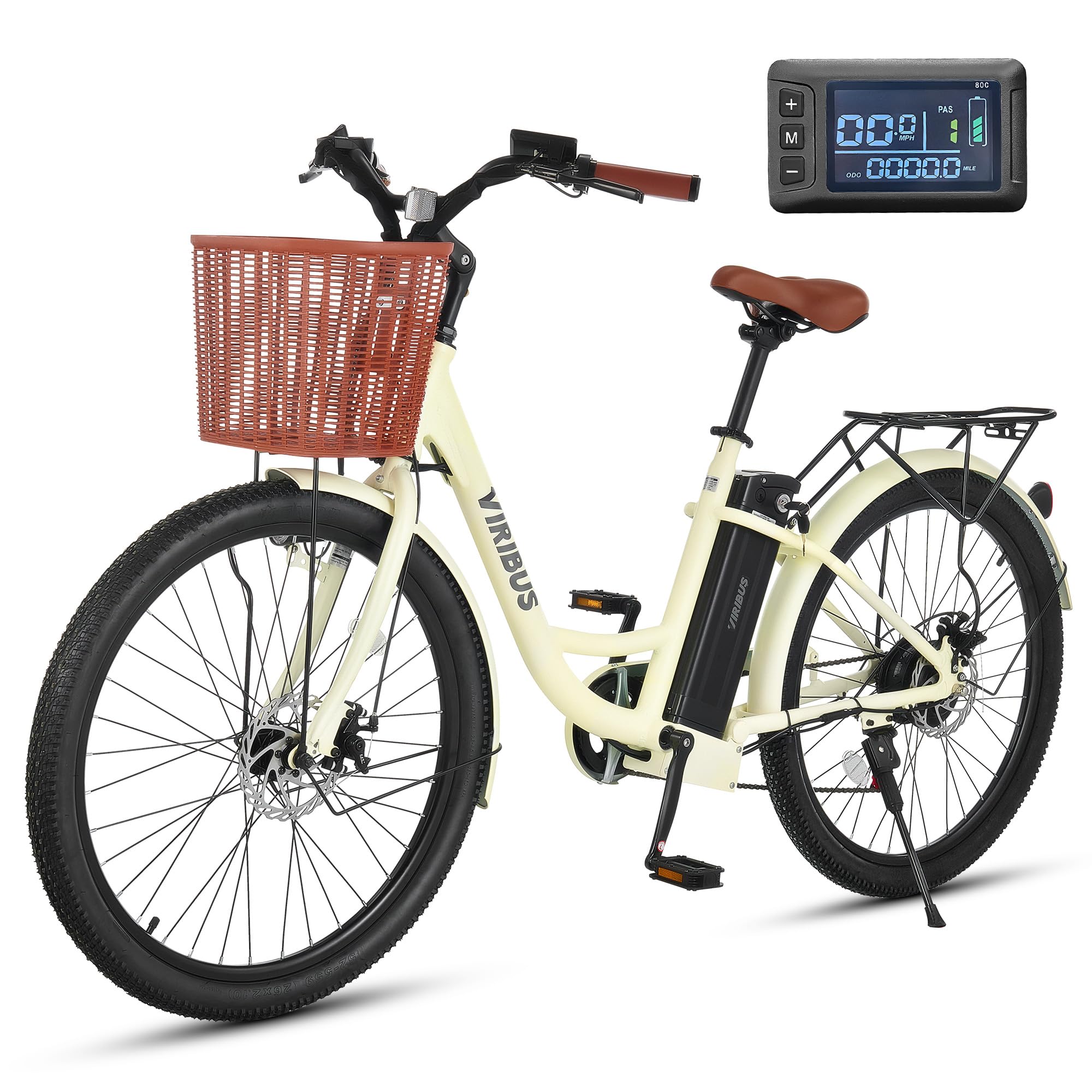 Viribus Electric Bike for Adults Women, 7 Speed Step Through Electric Cruiser Bike 350W with 468wh Battery, Lightweight Aluminum Frame, City Commuter E Bikes with Basket Female Ladies 26 in Cream