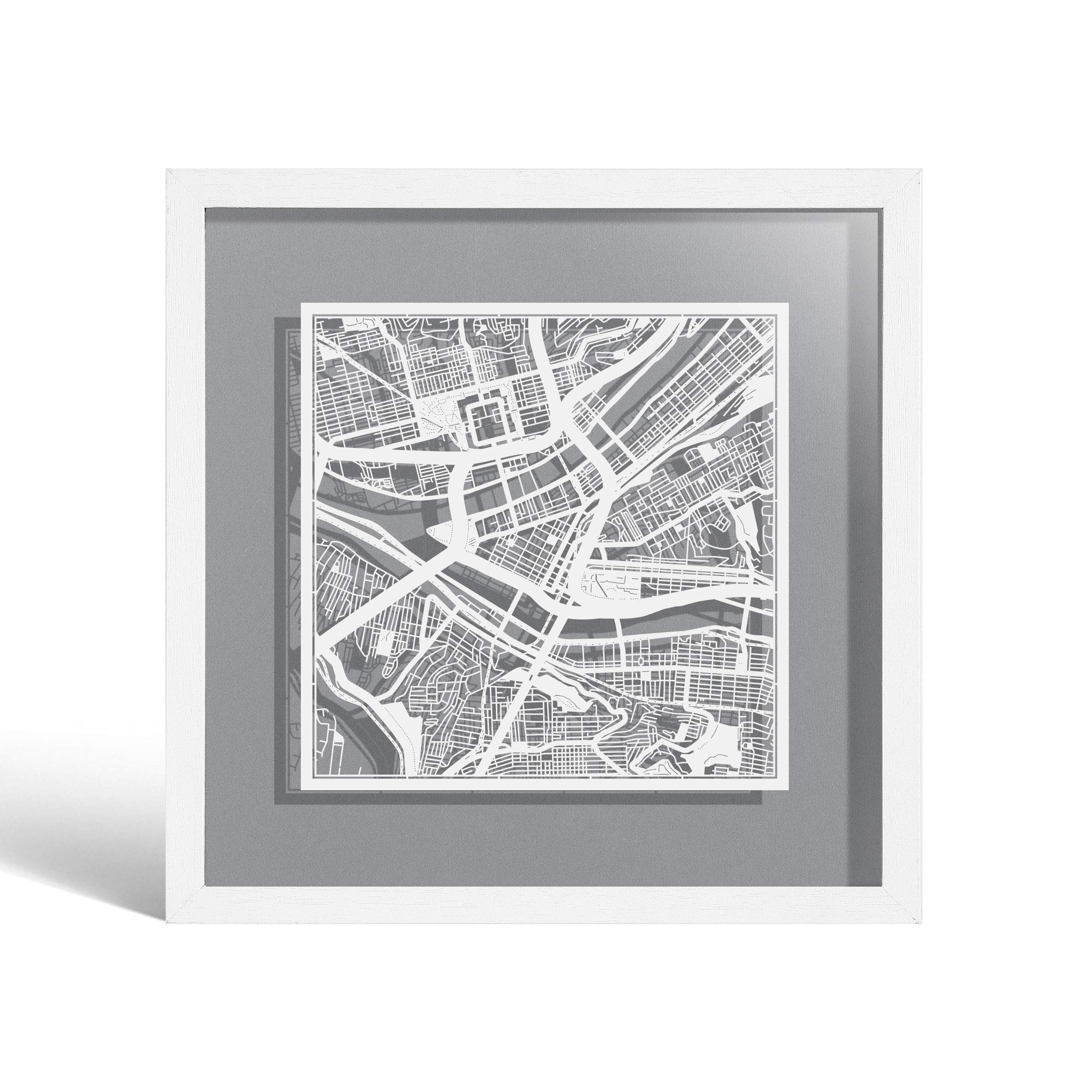 O3 DESIGN STUDIO Pittsburgh Paper Cut Map framed, White map, White frame, 9x9 inches, Gift Boxed, 4 background color, self-changing, Paper Art