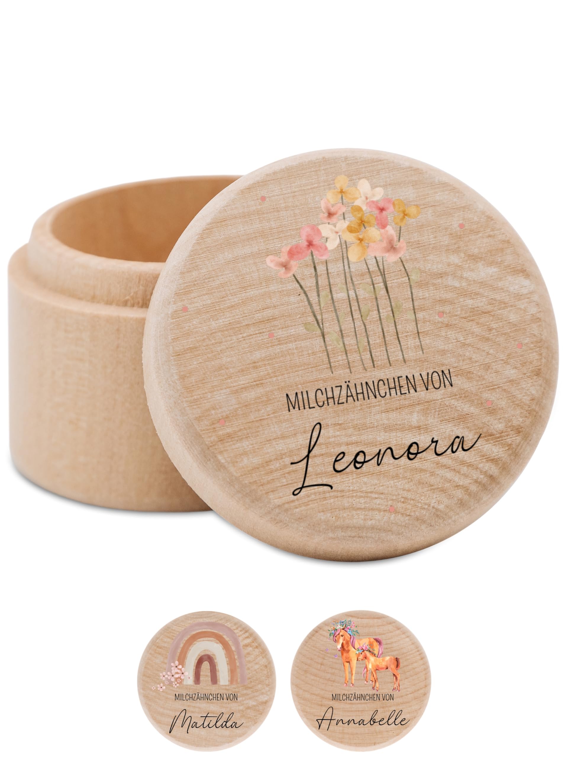 Bärenfreunde - Milchzahndose personalisiert aus Holz mit kinderfreundlichem UV-Druck - Zahndose Milchzähne als Erinnerung an die ersten Zähnchen (Blumen)