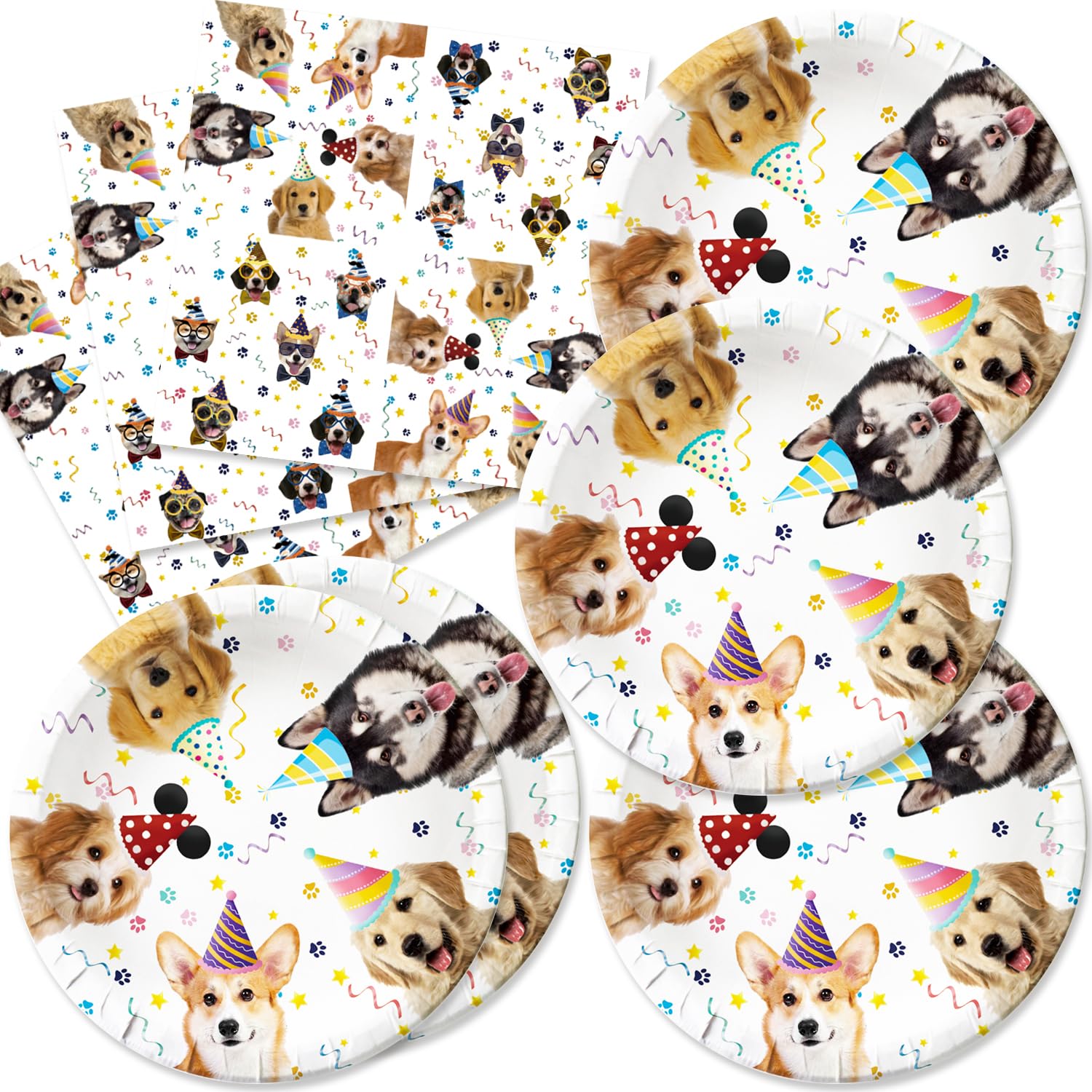 Egami 40pcs Pet Dog birthday Party Supplies,include 20 dessert plate, 20 Napkin,Used for dog birthday Party Decoration (White pet dog)