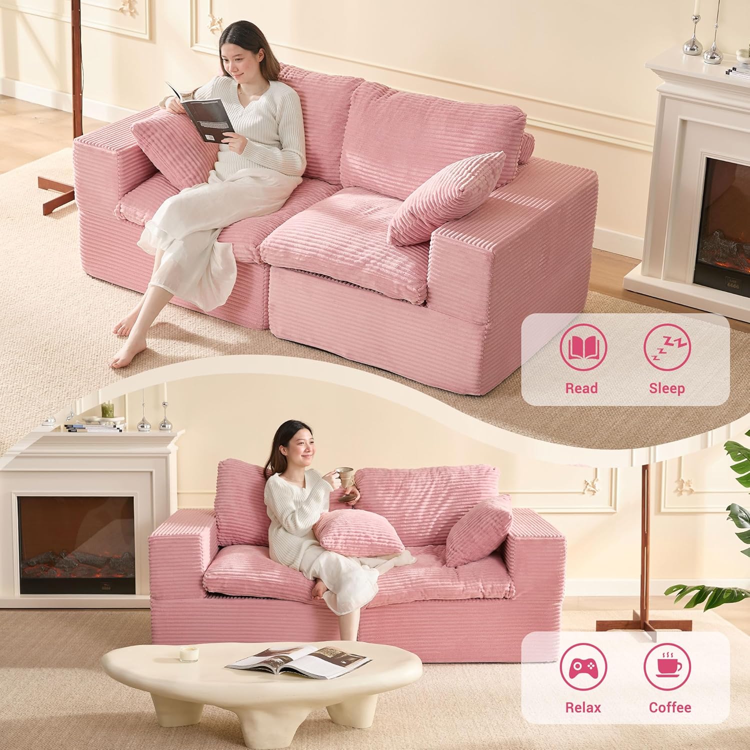 Afuson 74.8” Set of Cloud Couch, Modular Loveseat Sofa, Convertible Sofas Bed, Deep Seat Sofa, Cozy Sofa for Living Room, Office and Bedroom, Corduroy, Pink