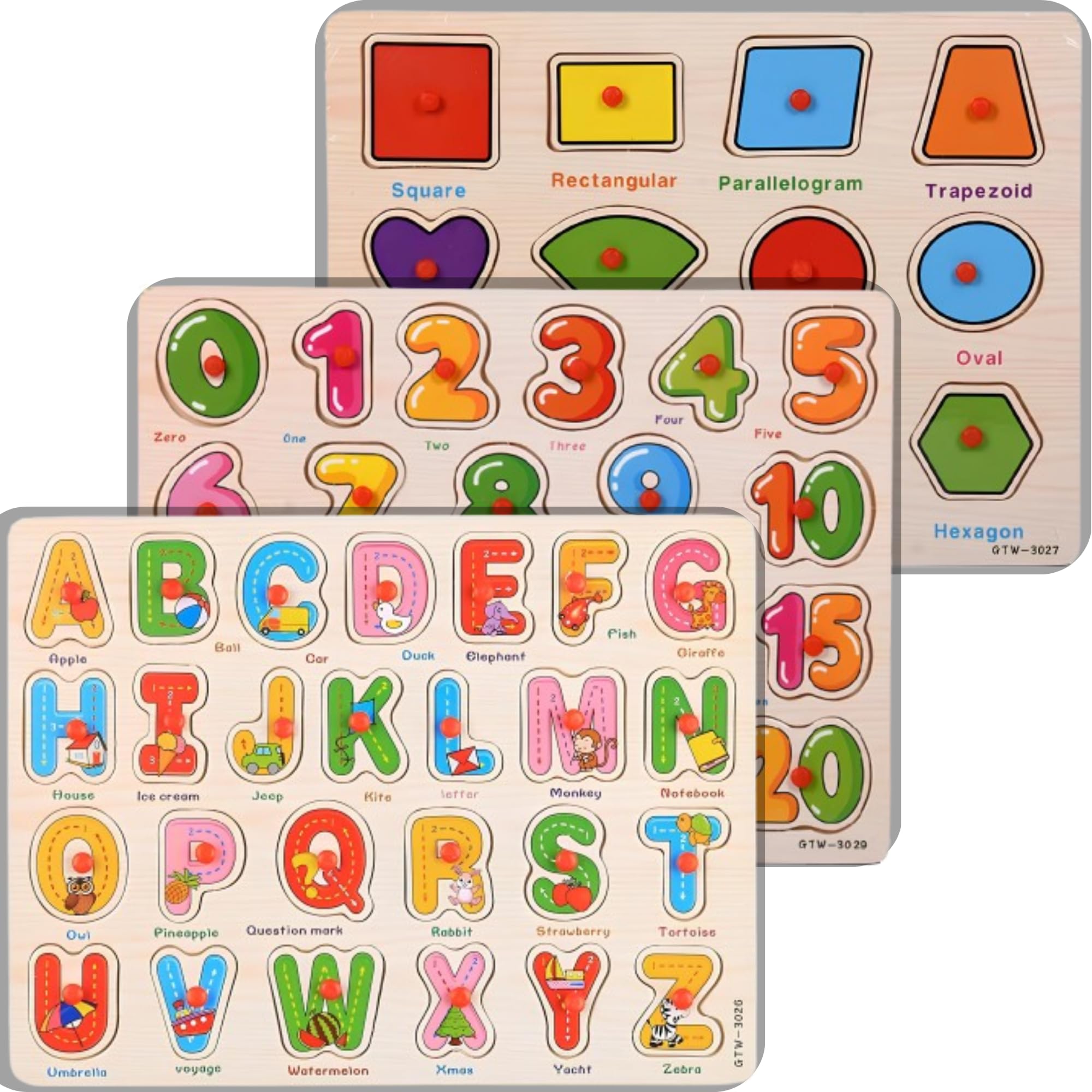 Amazon.com: 3-Pack Alphabet, Numbers & Shapes Puzzle Wooden for
