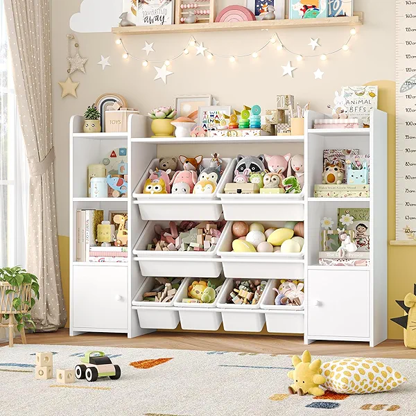 FOTOSOK 55''Large Toy Storage Organizer with 8 Toy Bins, Toy Organizers and Storage with Shelf and 6 Storage Cubbies, Bookshelf for Kids, Playroom Organization and Storage Bins, White