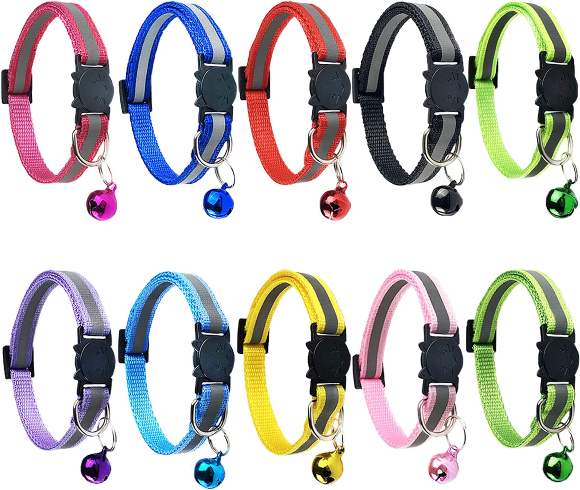 D-buyECVV Cat Collars with Bell, Breakaway Cat Collar with Bell, Reflective Cat Collar, Nylon Cat Collar Cat Collars / 10 Pcs Multi-colored