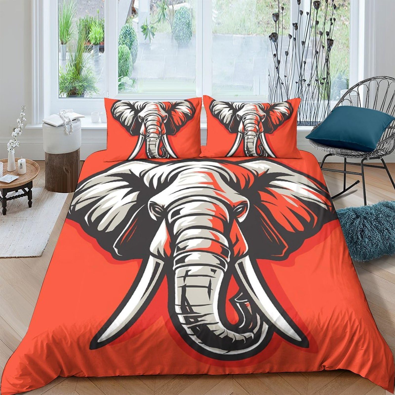 GPLZQXKJNH 3D Printed Elephant Orange Duvet Cover Microfiber Soft Breathable Wildlife Bedding Set with 2 Pillowcases for Bedroom Decor Single（135x200cm）