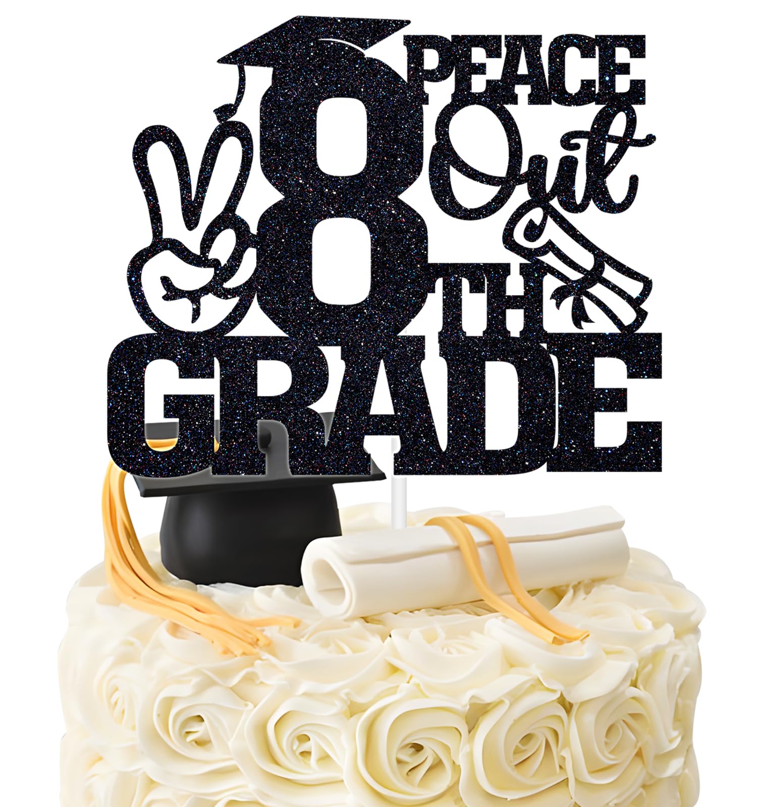 Black Glitter Peace Out 8th Grade Cake Topper, Congrats Grad for 8th Grade Graduate, Kids Eighth Grade Graduation Party Decorations Supplies