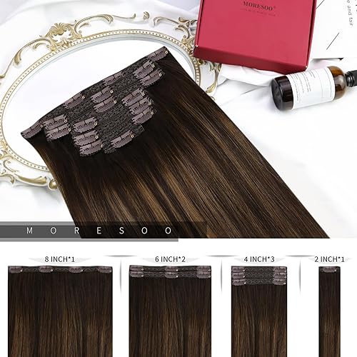 Miniatura 3 de Moresoo Extensiones de cabello humano con clip, color marrón degradado, doble trama, extensiones de cabello humano real, balayage, color marrón