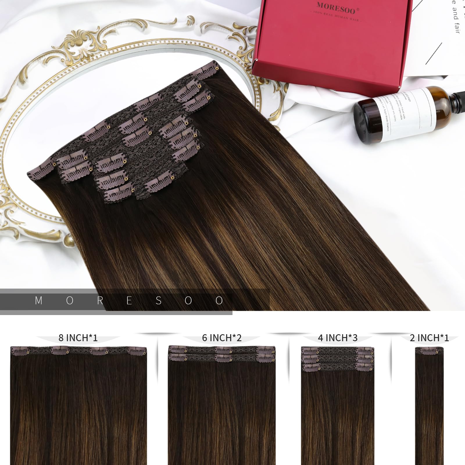 Moresoo Clip in Hair Extensions Real Human Hair Root Darkest Brown Balayage Chestnut Brown Remy Human Hair Extensions Clip in Long 24 Inch for Women Adding Length Daily Use 7pcs/120g #2/6/2 - Image 3