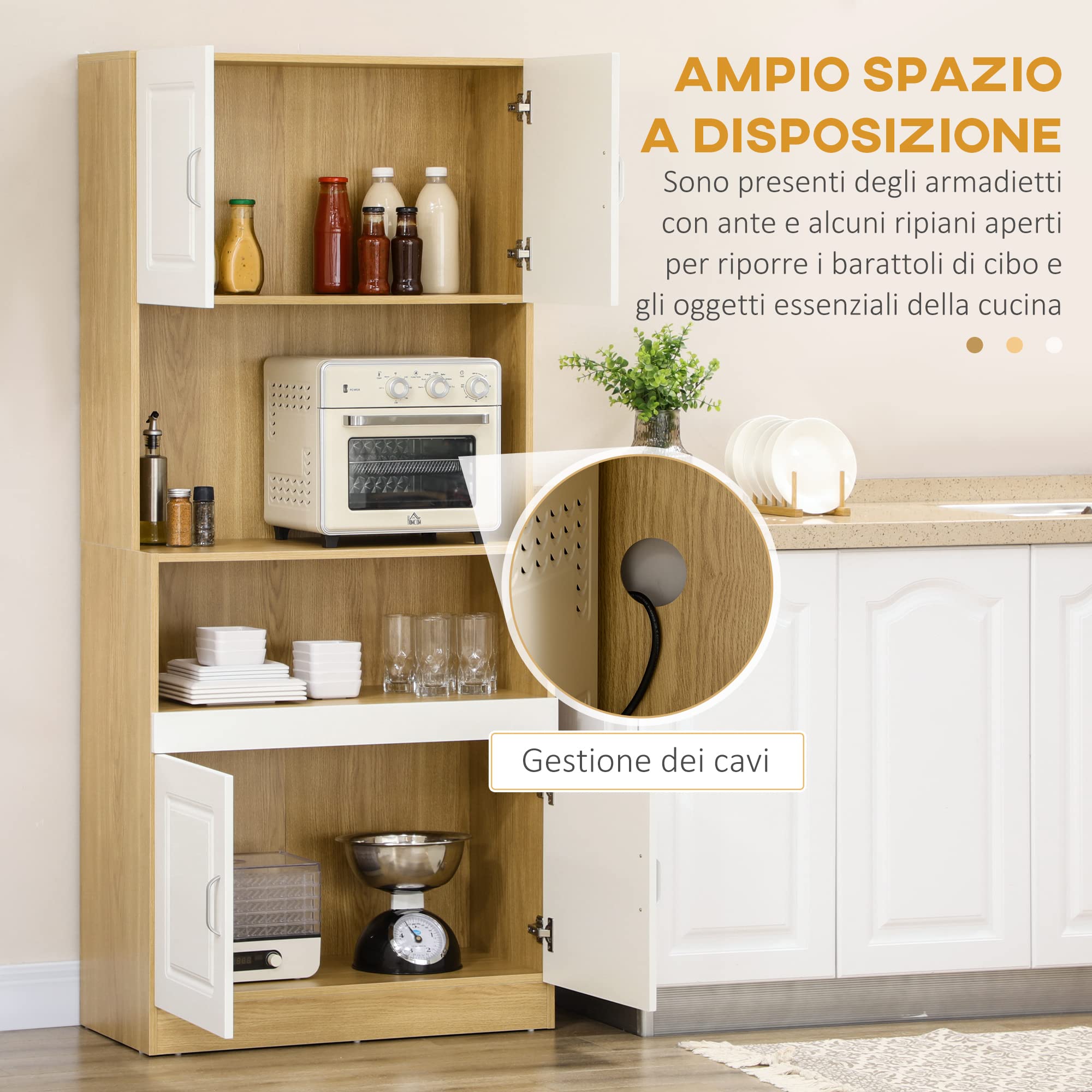 HOMCOM Mobile Dispensa Alto in Truciolato Bianco e color Legno a 4 Ante con Armadietti e Ripiano Aperto, per Cucina e Soggiorno, 80x40x180 cm
