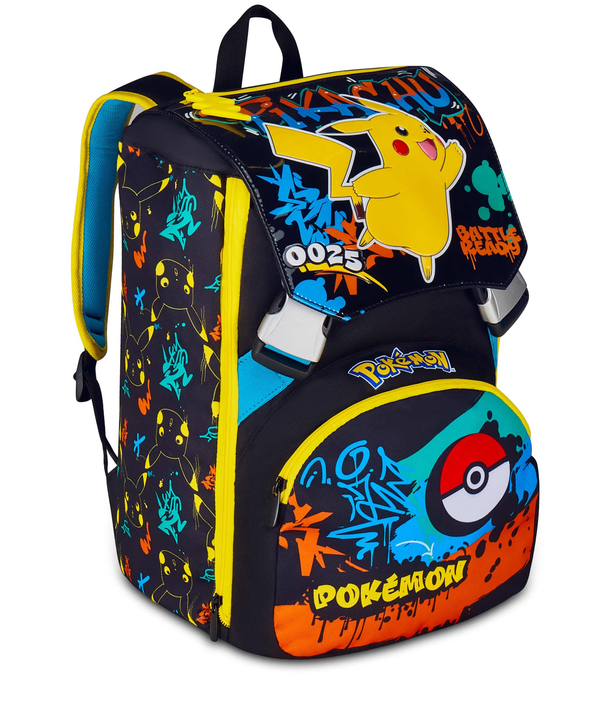 Seven Pokémon - Mochila con doble compartimento extensible, negra, gran capacidad, respaldo preformado, para niño, escuela primaria, Negro, Talla única, Casual
