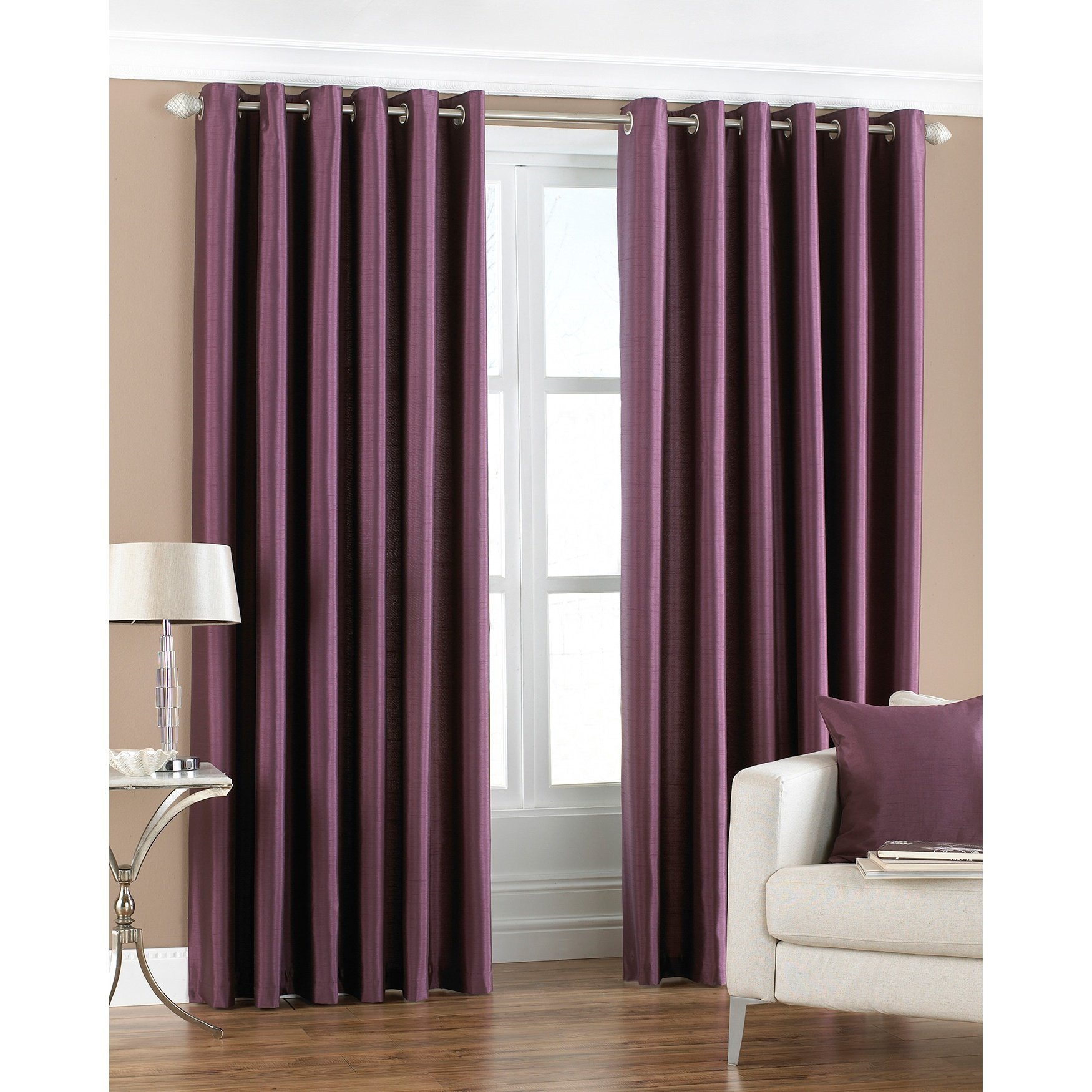 Riva Paoletti Fiji Ringtop Eyelet Curtains (Pair) - Aubergine Purple - Faux Silk - Ready Made - Semi Sheer - 100% Polyester - 168cm width x 229cm drop (66" x 90" inches) - Designed in the UK