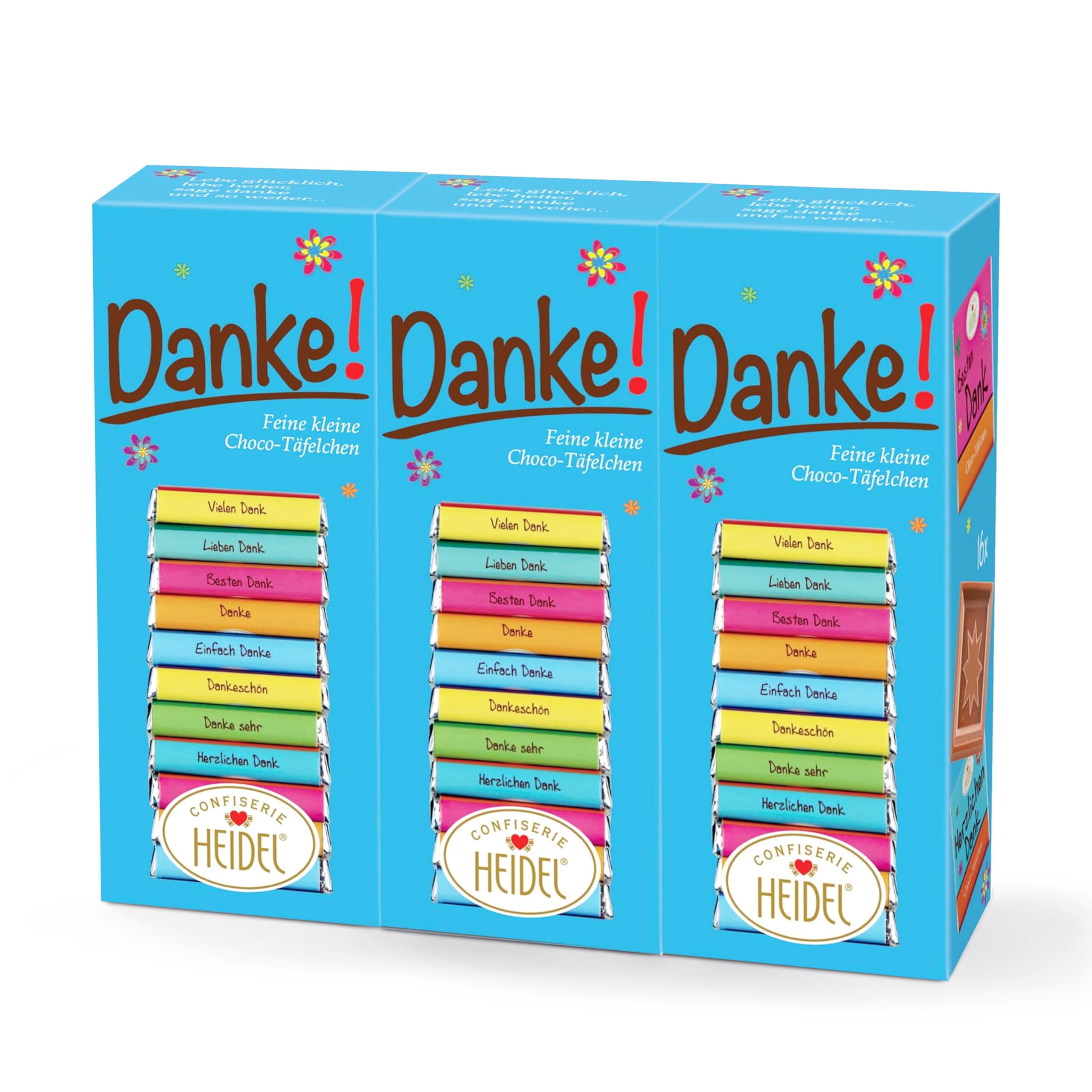 Heidel Danke Vollmilchschokolade Täfelchen 3x80g, pro Packung 16 Stück Mini-Tafeln à 5g, Vielfältige Danksagungen, Exquisite Geschenkidee