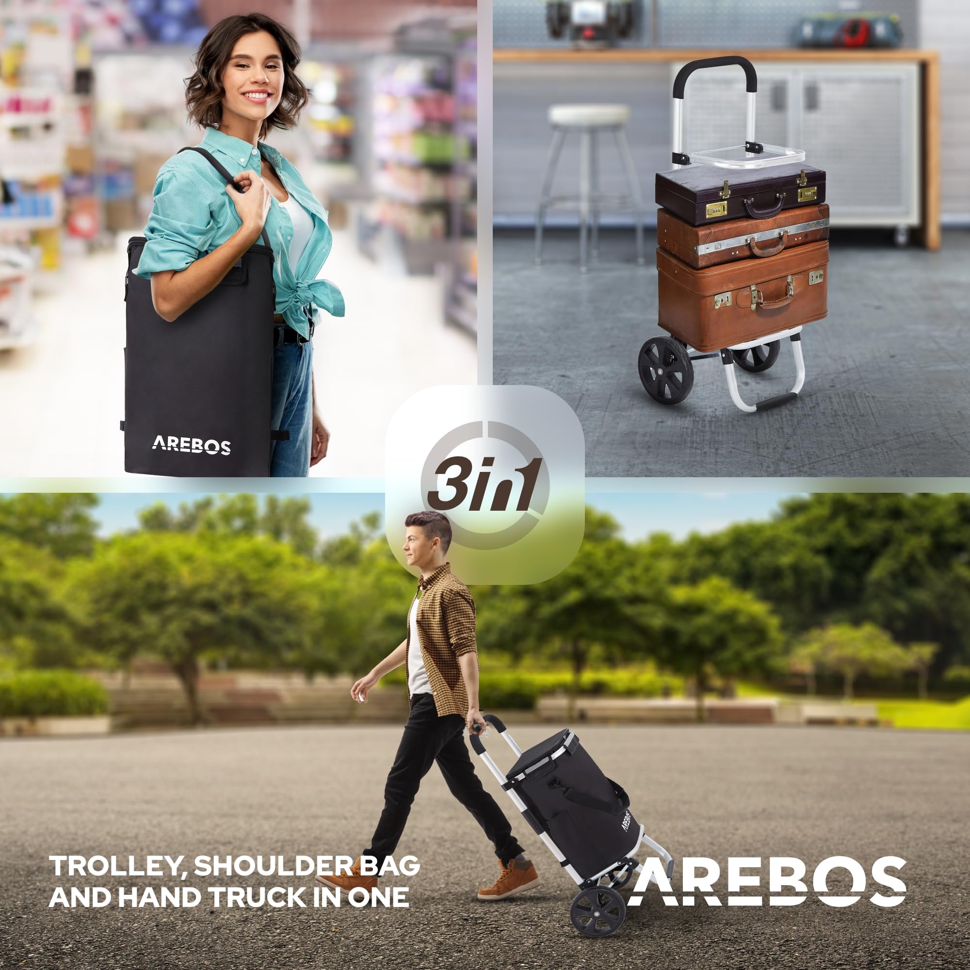 Arebos Wózek na zakupy 3w1 | wózek duży 56 litrów | z komorą chłodzącą | torba na zakupy na kółkach | składany shopper | składana torba odczepiana | wózek ręczny | czarny
