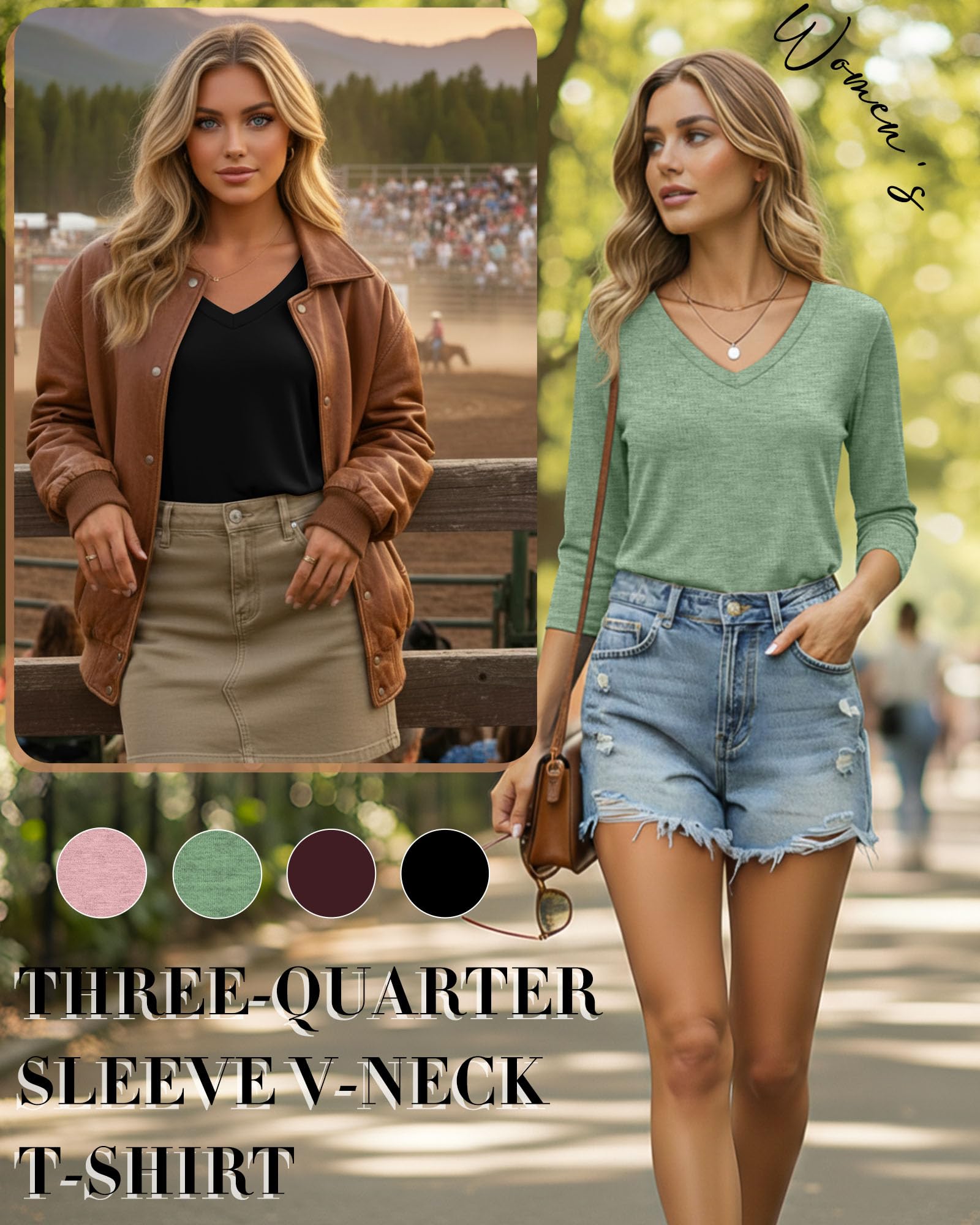 Ficerd Confezione da 4 Magliette da Donna a Maniche a 3/4 con Scollo a V, Top Casual in Cotone, t-Shirt Basic alla Moda