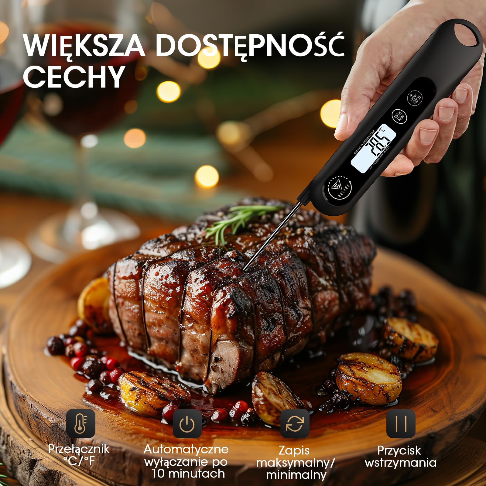 DOQAUS Cyfrowy termometr do mięsa, błyskawiczny termometr do żywności z podświetlanym ekranem LCD, składana długa sonda i automatyczne włączanie/wyłączanie, termometr do grilla, termometr do kuchni, g