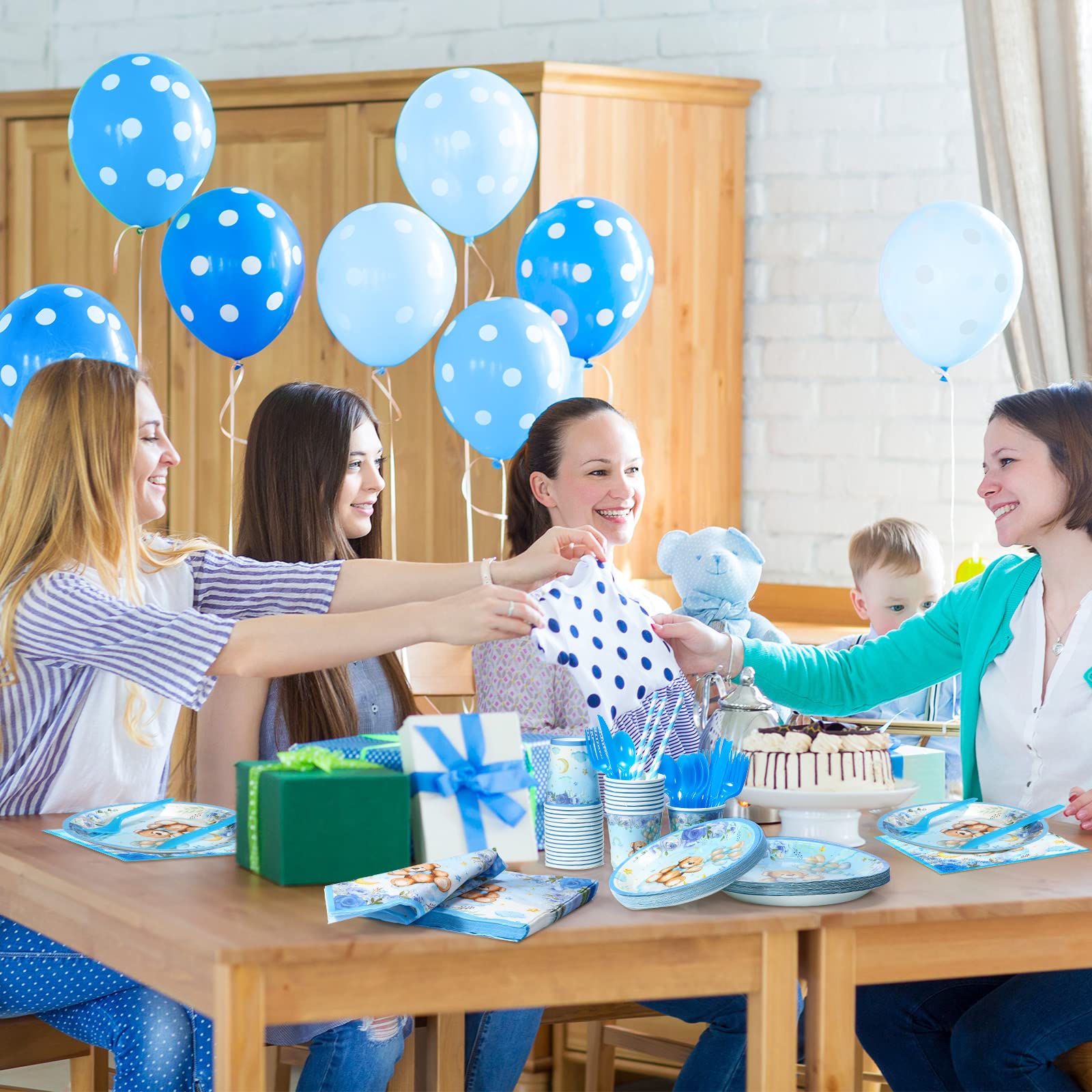 200 Pcs Bear Baby Shower Decorations for 25 Guests Baby Shower Paper Plates Napkins Boy Sets Blue Bear Baby Shower Theme Party Supplies Plate Cups Spoons Napkins Knife Straws for Baby Shower Boy Girl